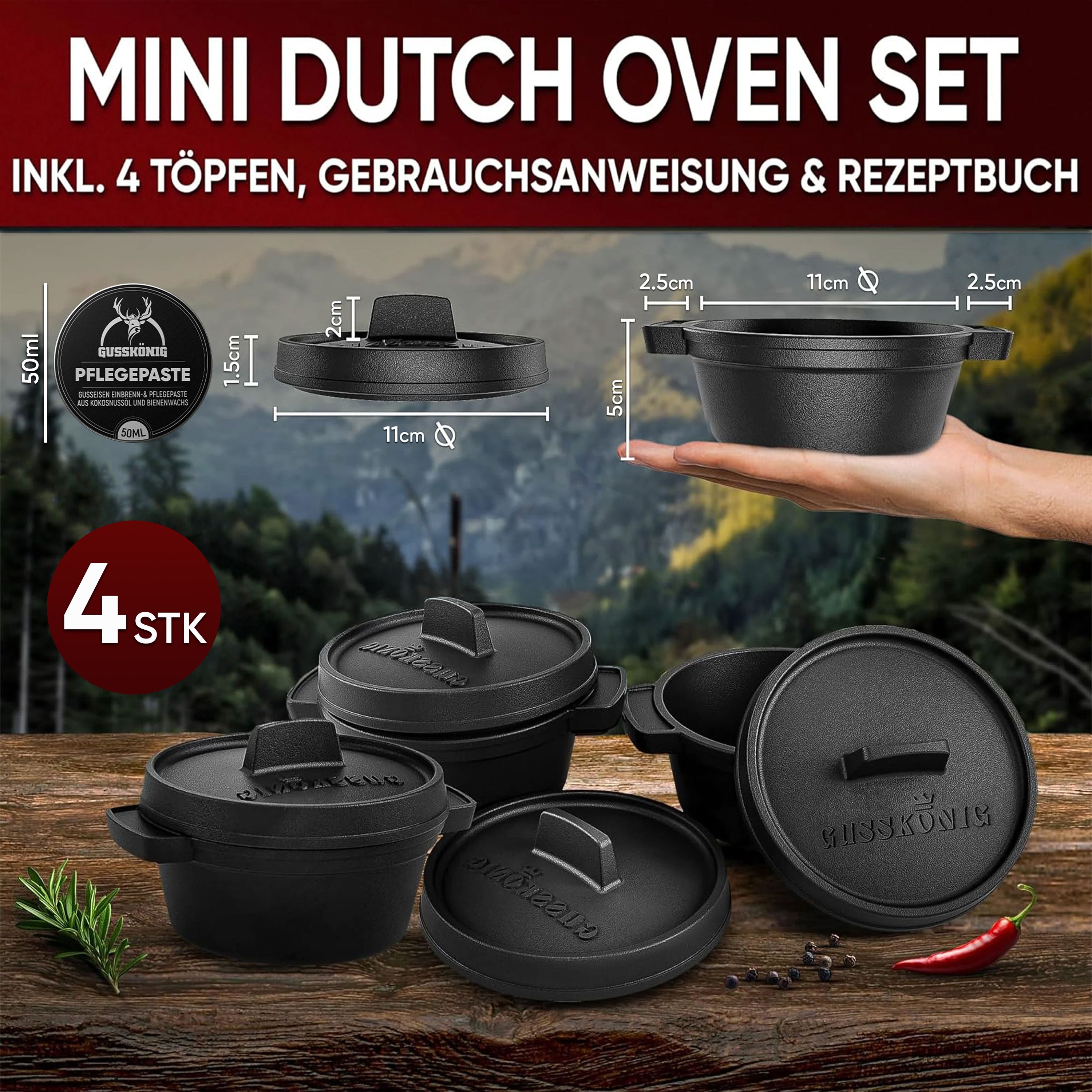 Eingebrannter 4× 300ml Mini Dutch Oven Set – inkl. Pflegepaste + Rezeptbuch + Gebrauchsanweisung