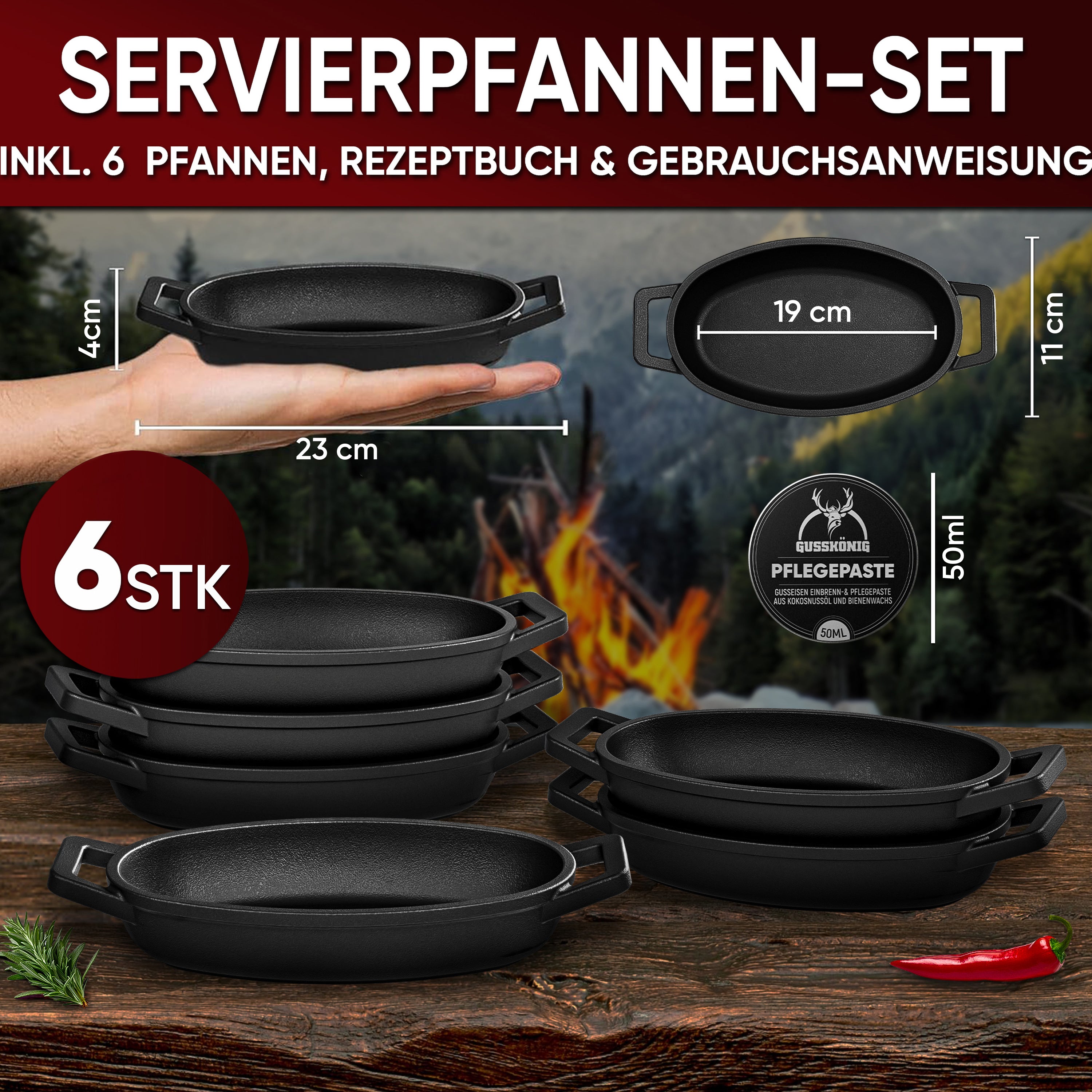Eingebrannte oval Mini Gusseisen-pfanne 6x Ø 11.7cm– inkl. Pflegepaste + Rezeptbuch + Gebrauchsanweisung