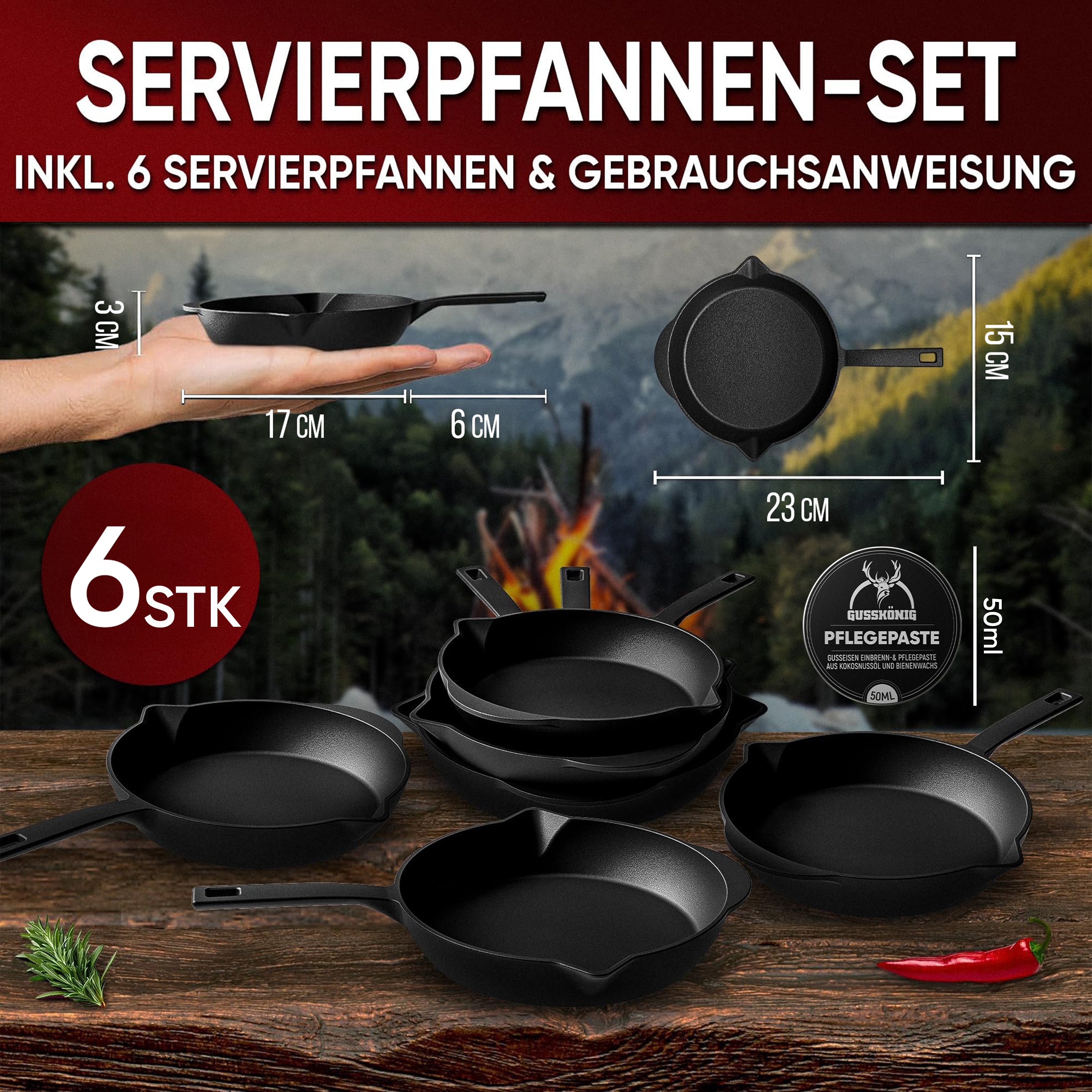 Eingebrannte Mini Gusseisen-Bratpfanne 6x Ø 13,7cm– inkl. Pflegepaste + Rezeptbuch + Gebrauchsanweisung