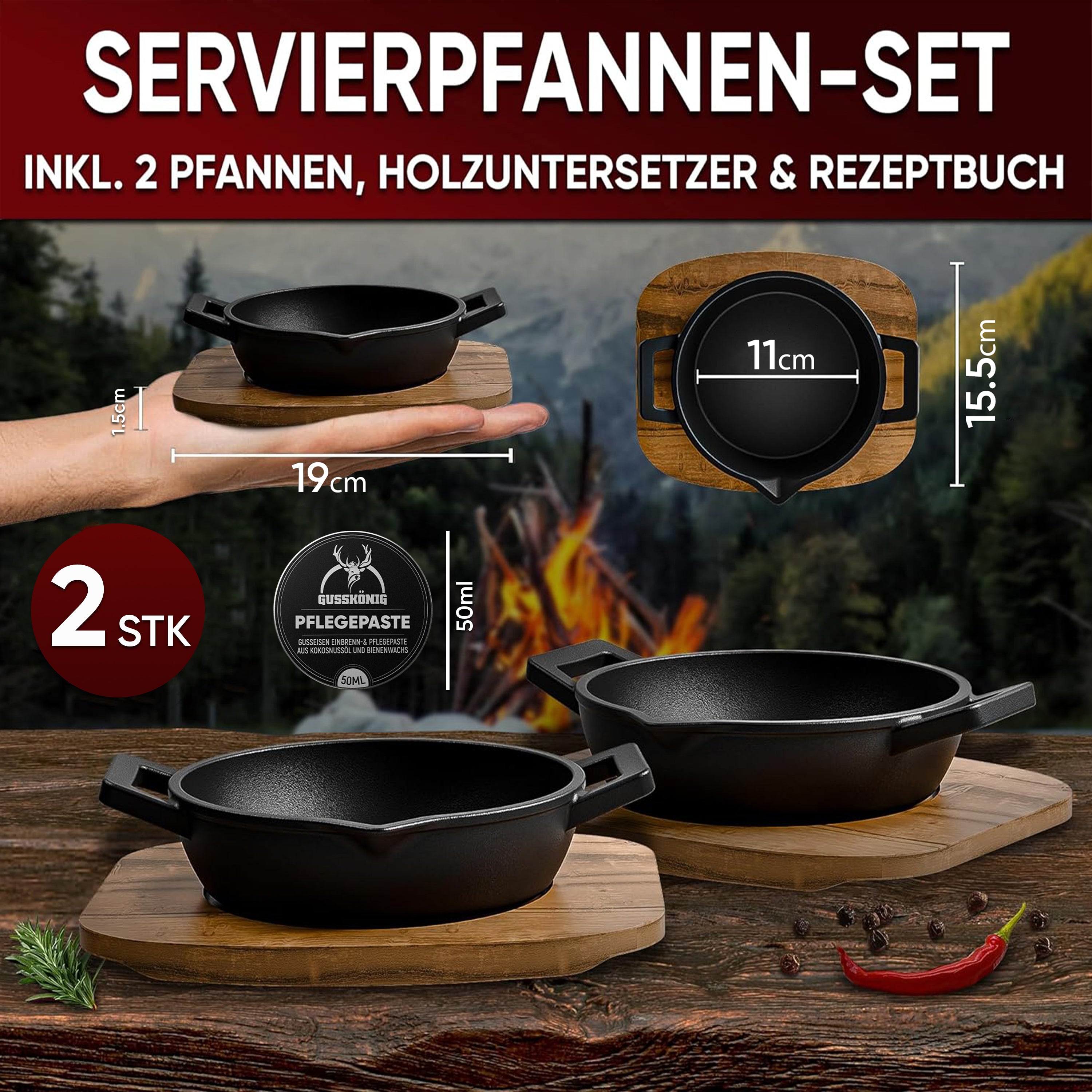 Eingebrannte runde Mini Gusseisen-pfanne mit Holz-Untersetzer 2x Ø 16.2cm- inkl. Pflegepaste + Rezeptbuch + Gebrauchsanweisung