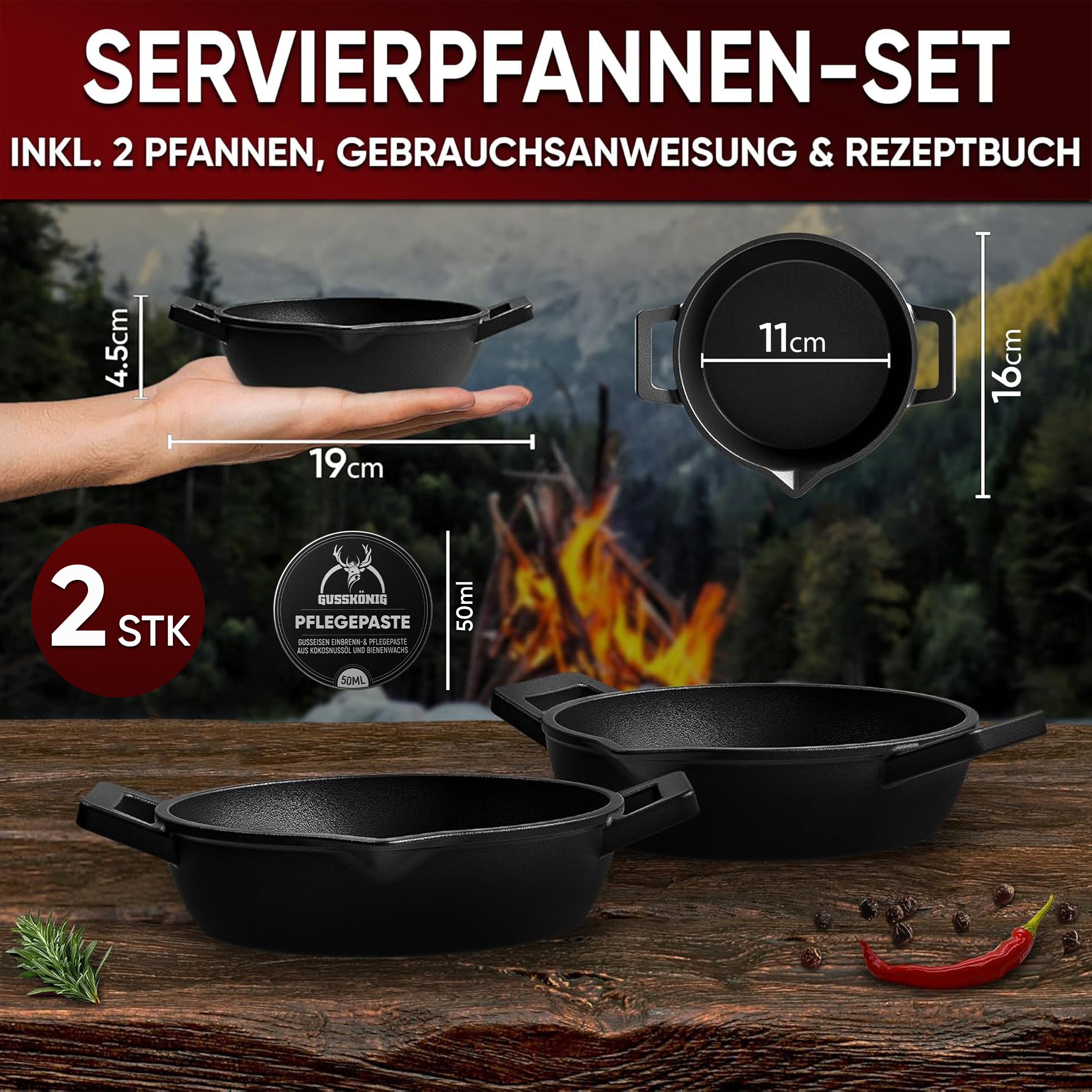 Eingebrannte runde Mini Gusseisen-Grillpfanne 2x Ø 16.2cm – inkl. Pflegepaste + Rezeptbuch + Gebrauchsanweisung