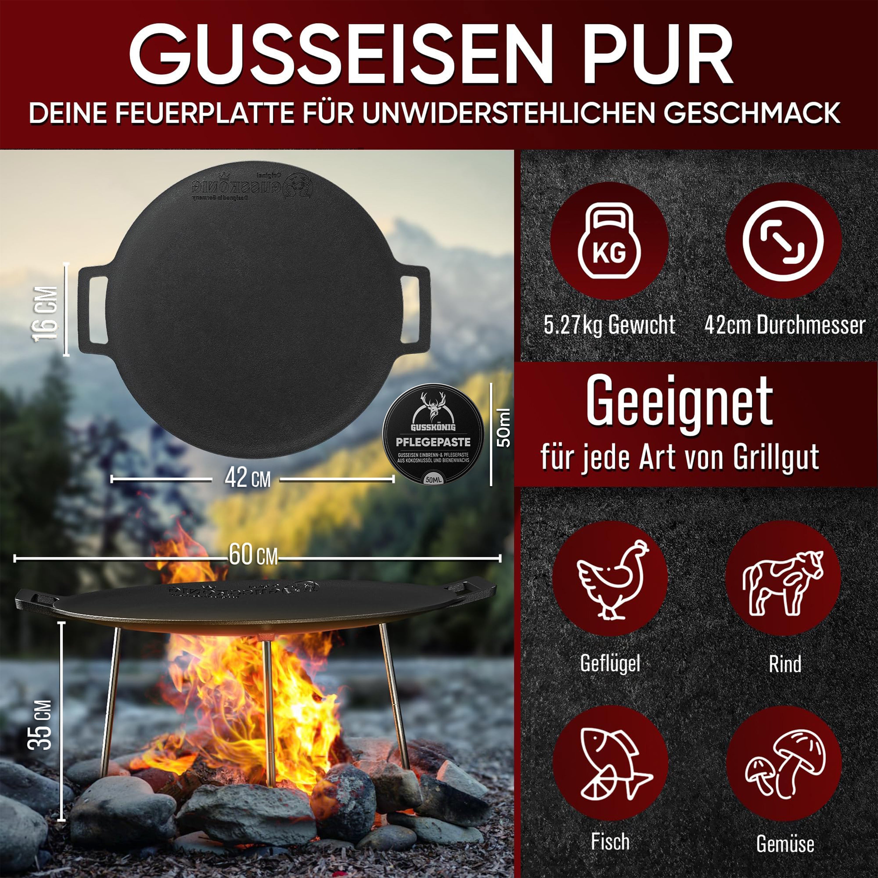 Eingebrannter runde Gusseisen-Grillplatte Ø 42cm mit 3 Edelstahl-Beinen – inkl. Pflegepaste + Rezeptbuch + Gebrauchsanweisung