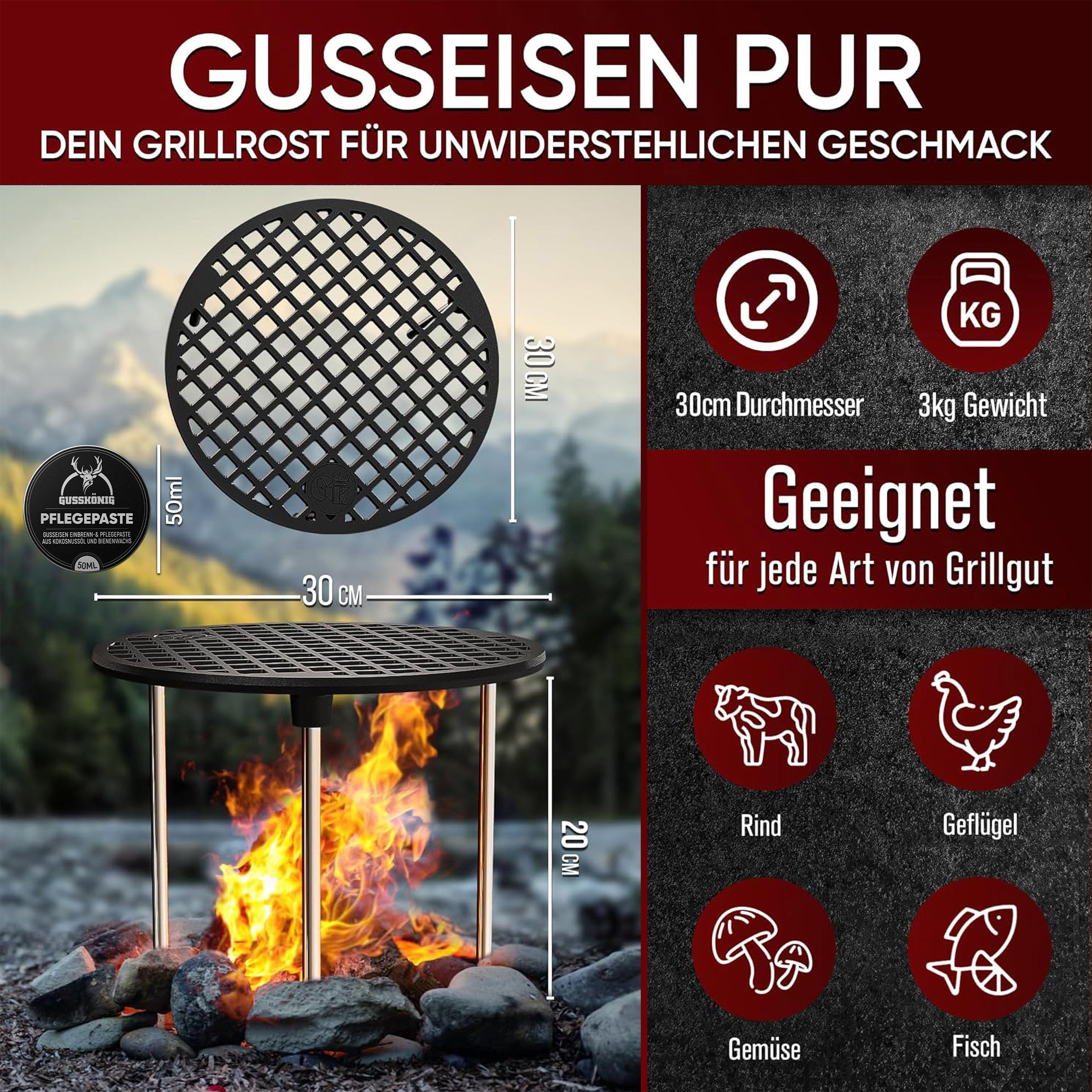 Eingebrannter Grillrost 20cm mit Beinen – inkl. Pflegepaste + Rezeptbuch + Gebrauchsanweisung