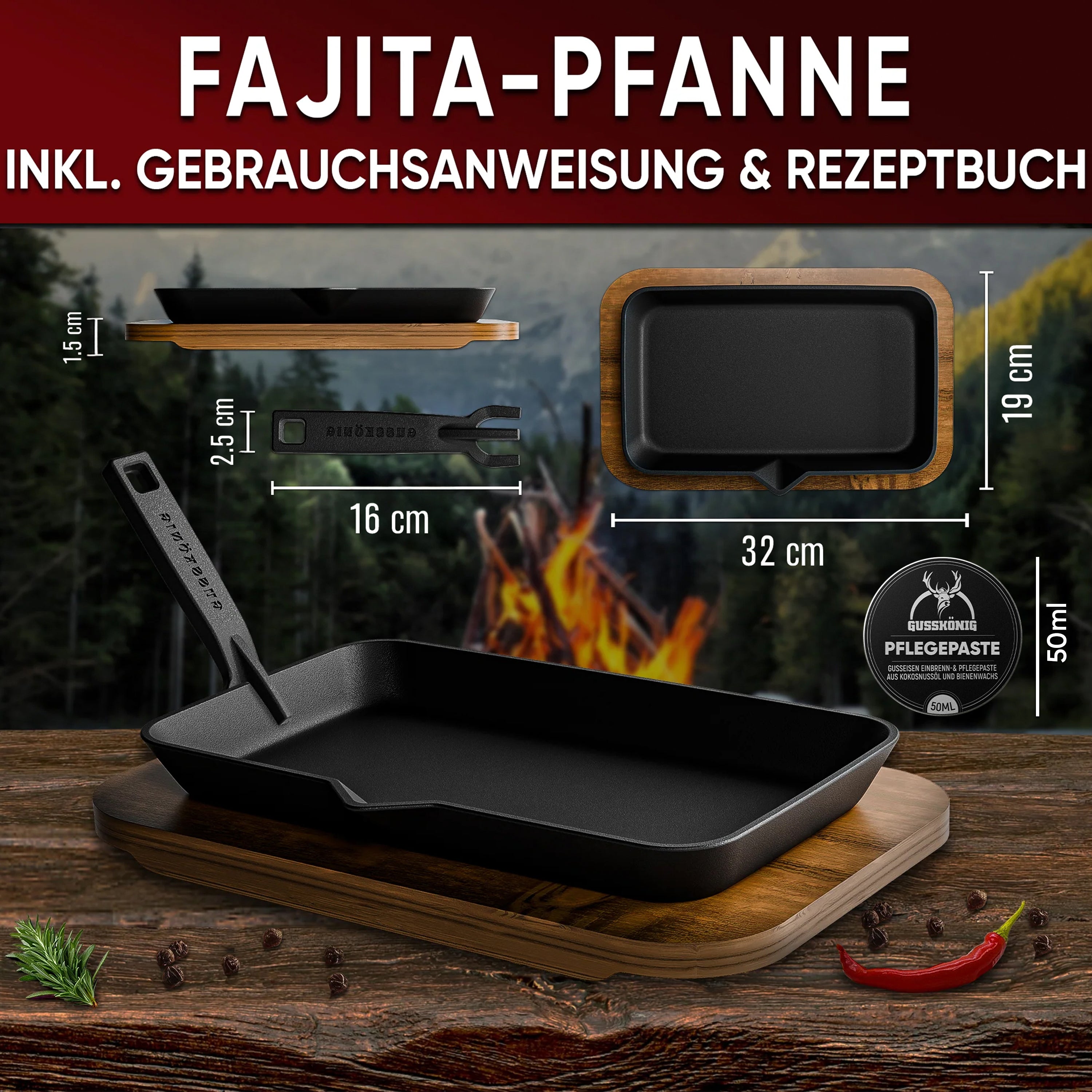 Eingebrannte Fajita-Pfanne mit Servierbrett aus Akazienholz – inkl. abnehmbarer Griff + Pflegepaste + Rezeptbuch + Gebrauchsanweisung