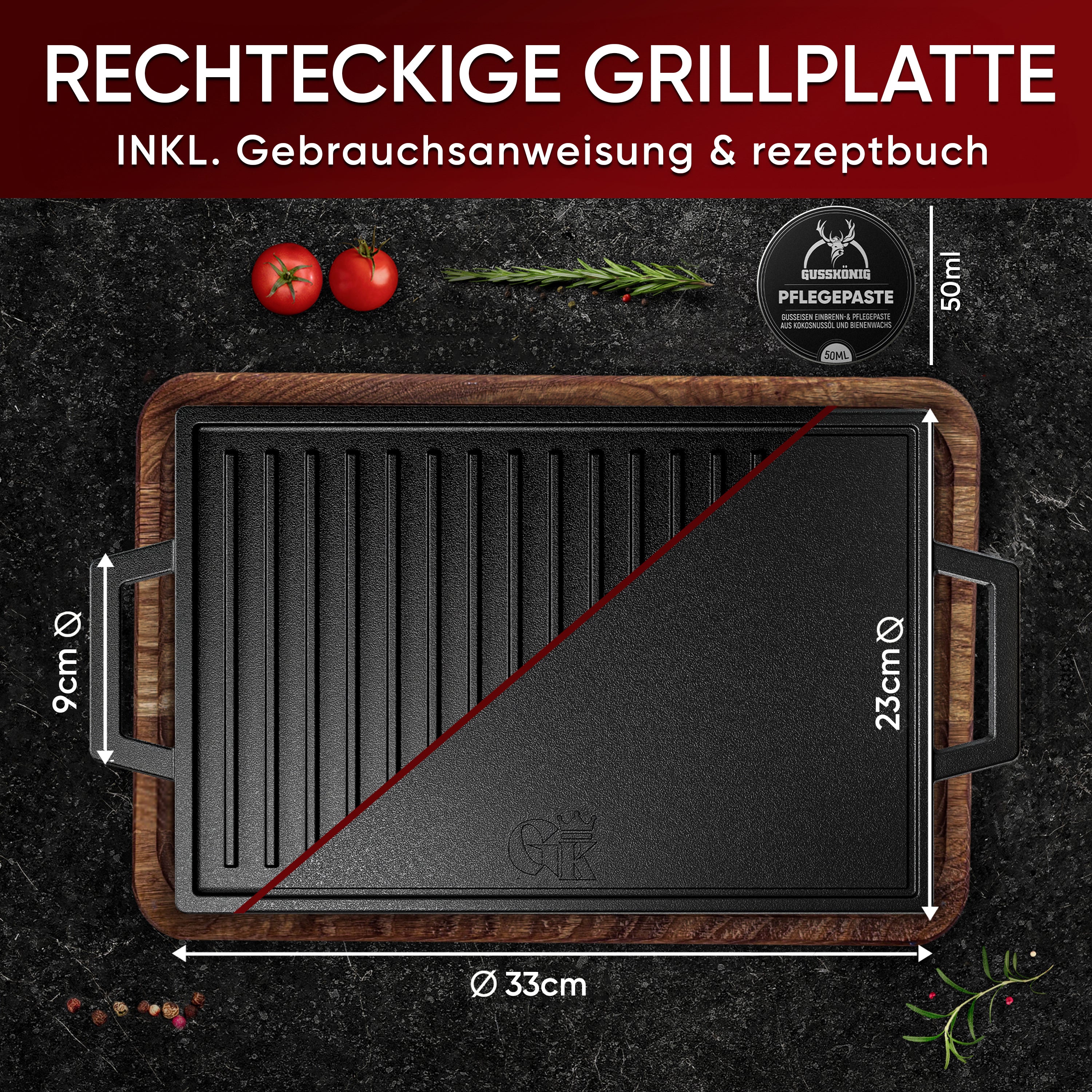 Eingebrannter Grillplatte mit Griffen, 33 cm – inkl. Pflegepaste + Rezeptbuch + Gebrauchsanweisung