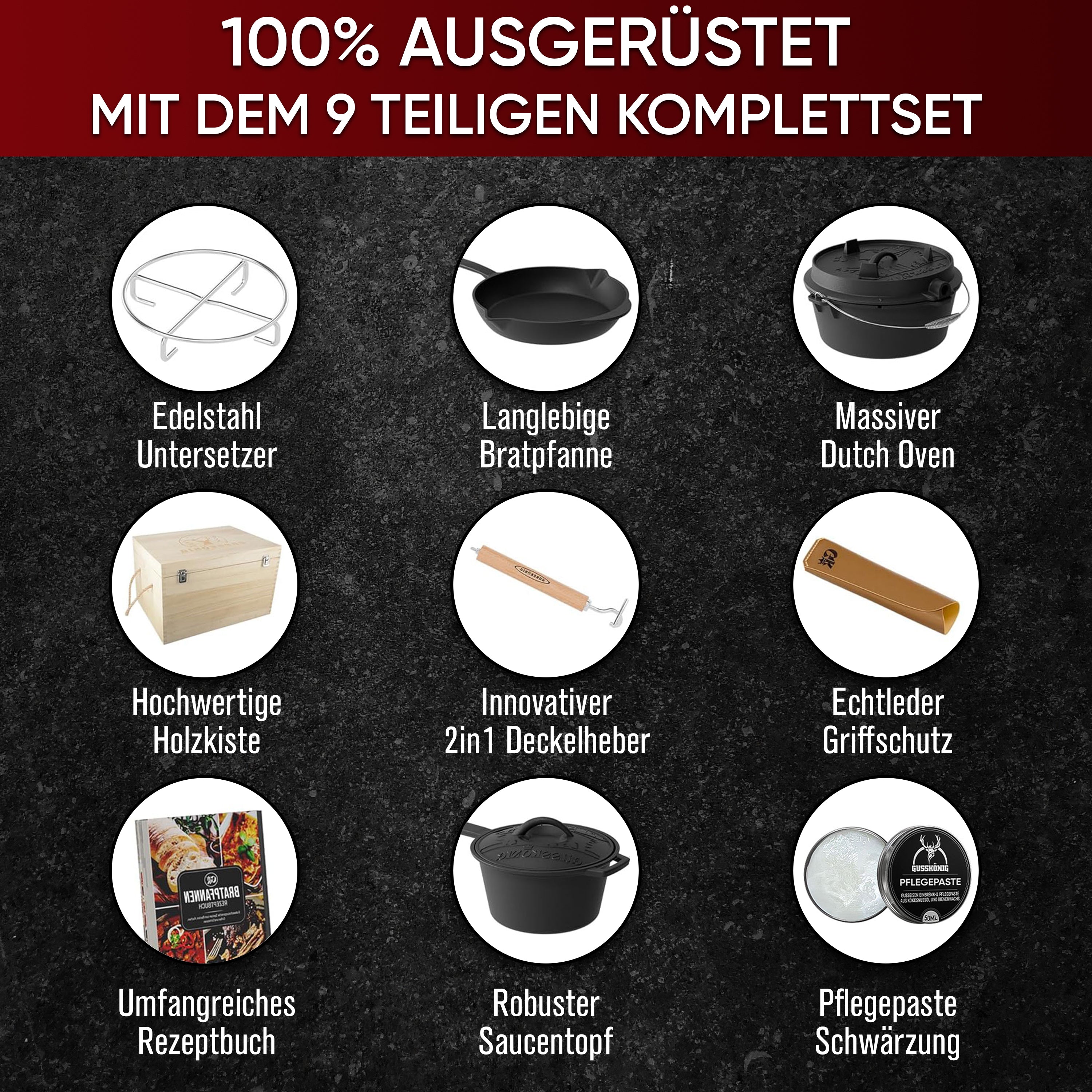 Eingebrannter Holz-Set 9-teilig – Dutch oven in Holzbox mit Bratpfanne + robustem Saucentopf + Untersetzer + 2in1 Deckelheber – inkl. Echtleder + Griffschutz +  Pflegepaste + Rezeptbuch + Gebrauchsanweisung