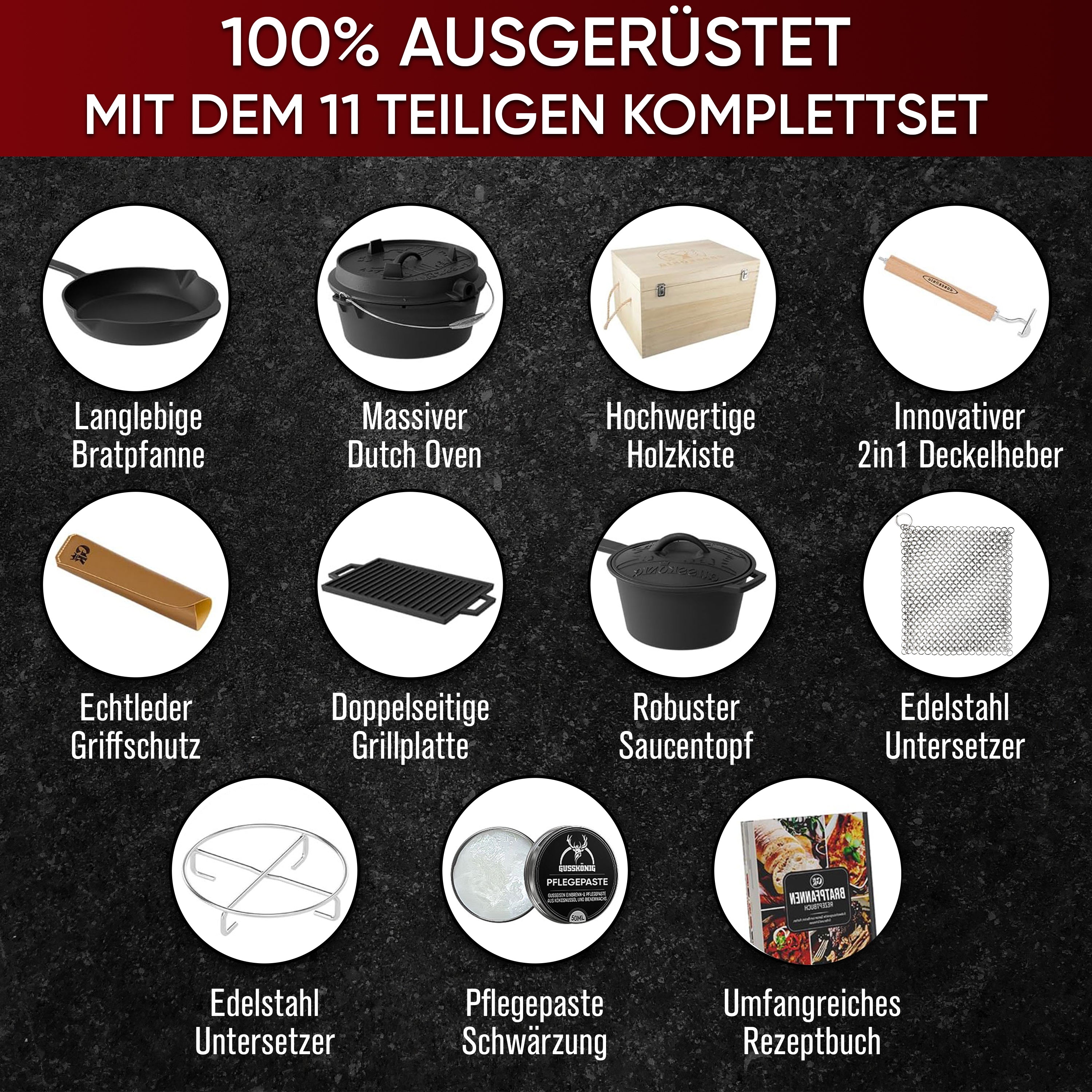 Eingebrannter Holz-Set 11-teilig – Dutch Oven in Holzbox mit Bratpfanne + robustem Saucentopf + Grillplatte + Untersetzer + 2in1 Deckelheber + Ringreiniger + Griffschutz – inkl. Pflegepaste + Rezeptbuch + Gebrauchsanweisung