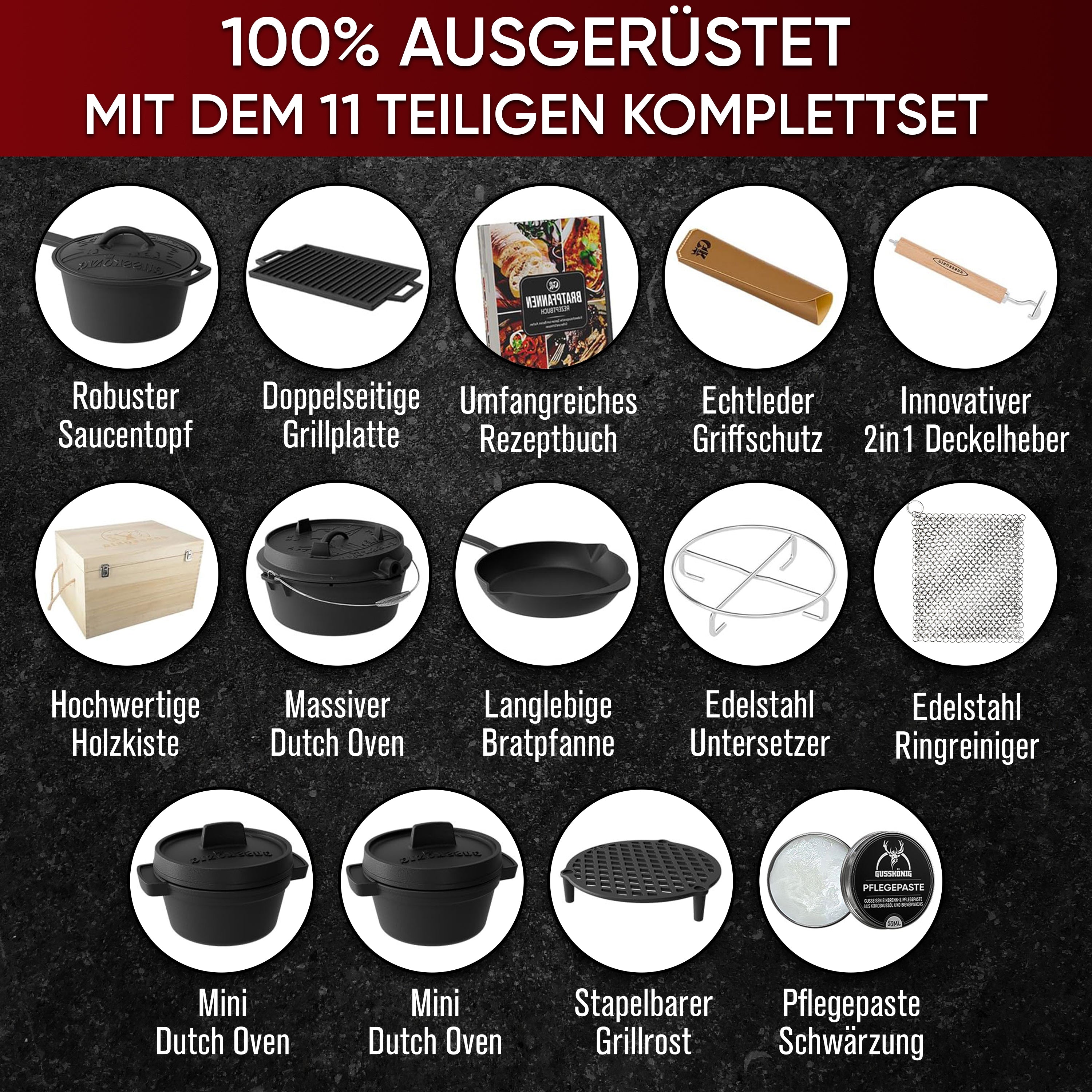 Eingebrannter Holz-Set 14-teilig – Dutch Oven in Holzbox mit Bratpfanne + robustem Saucentopf + Grillplatte + 2 Stk Mini Dutch Oven + Untersetzer + 2in1 Deckelheber + Ringreiniger + Stapelrost + Griffschutz – inkl. Pflegepaste + Rezeptbuch