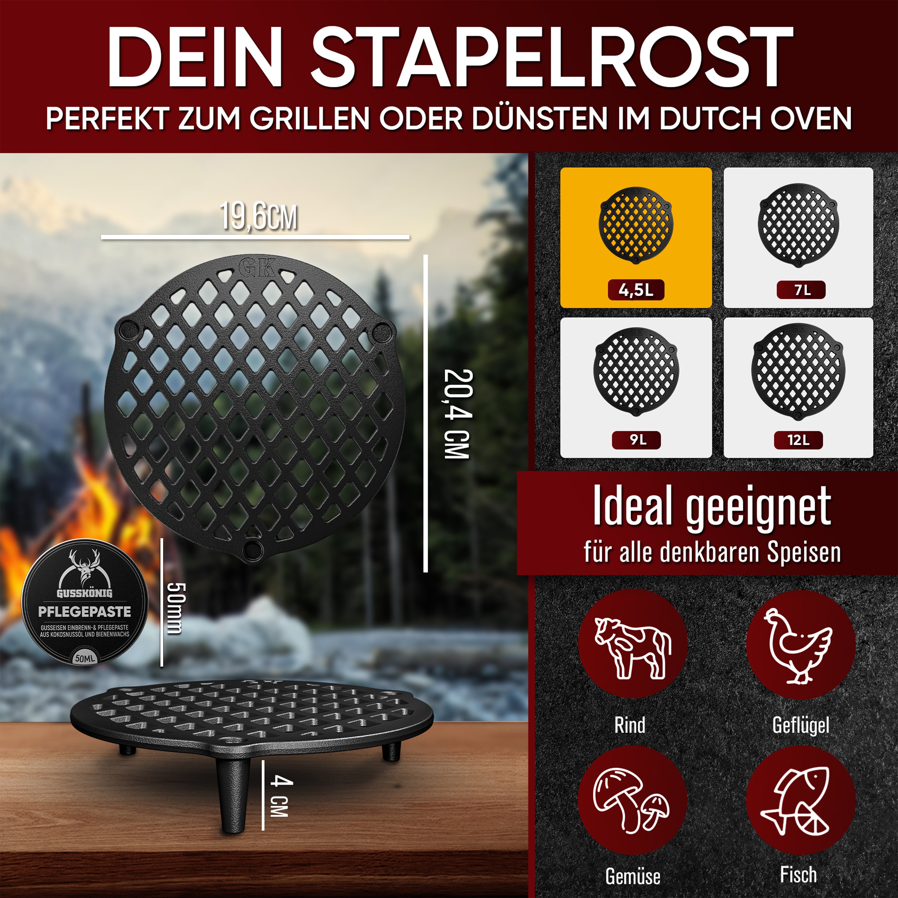 Gusseisen Stapelrost für Dutch Oven [4,5L] zum Dünsten von Lebensmitteln  inkl Pflegepaste