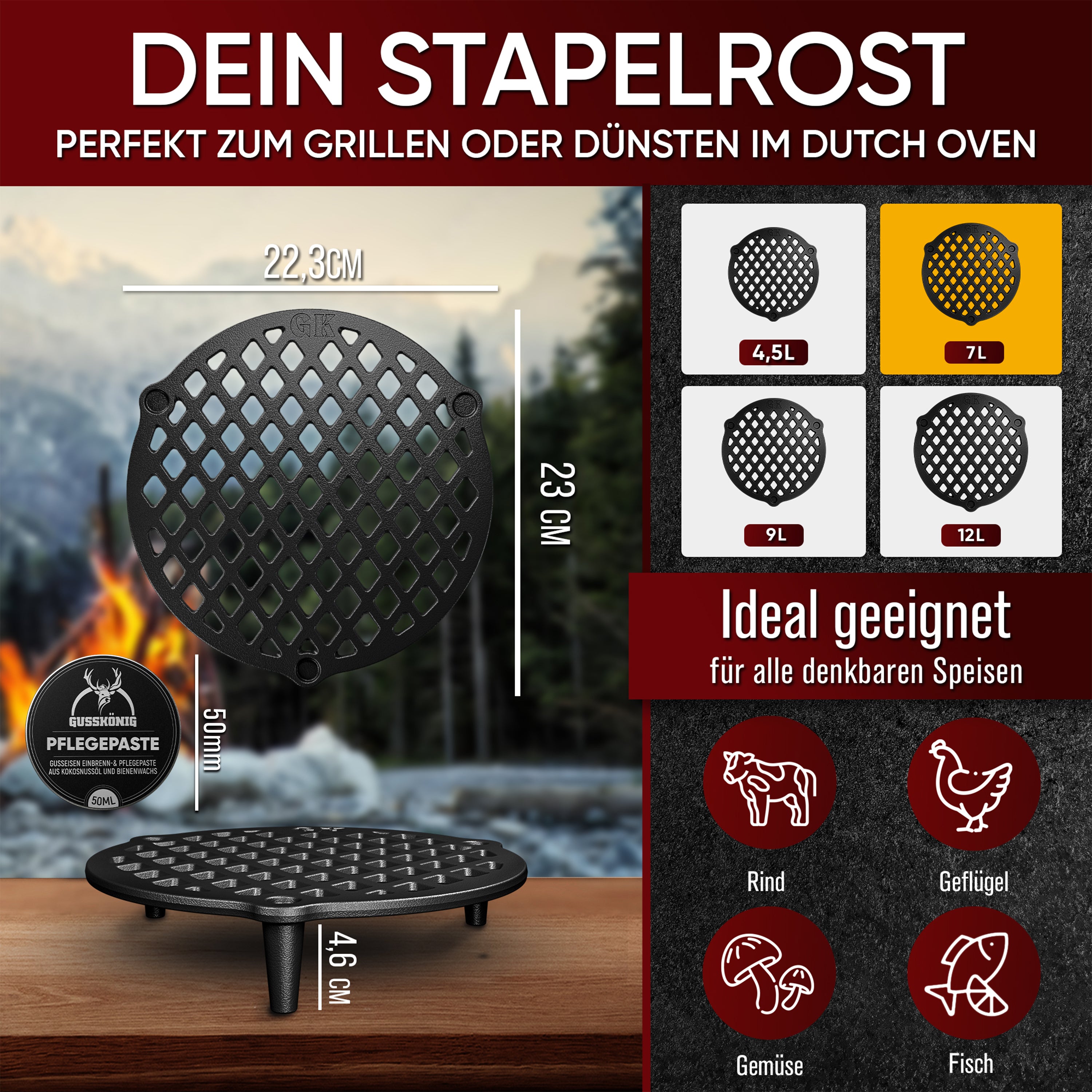 Gusseisen Stapelrost für Dutch Oven [7L] zum Dünsten von Lebensmitteln inkl Pflegepaste