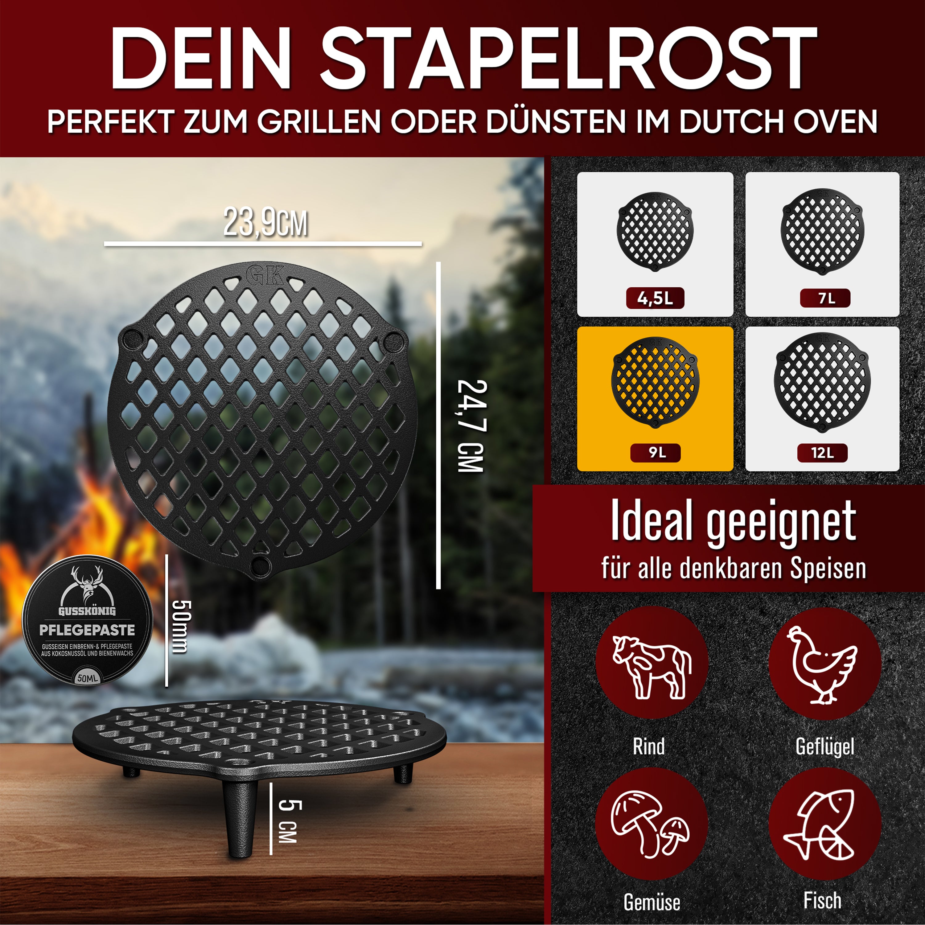 Gusseisen Stapelrost für Dutch Oven [9L] zum Dünsten von Lebensmitteln inkl Pflegepaste