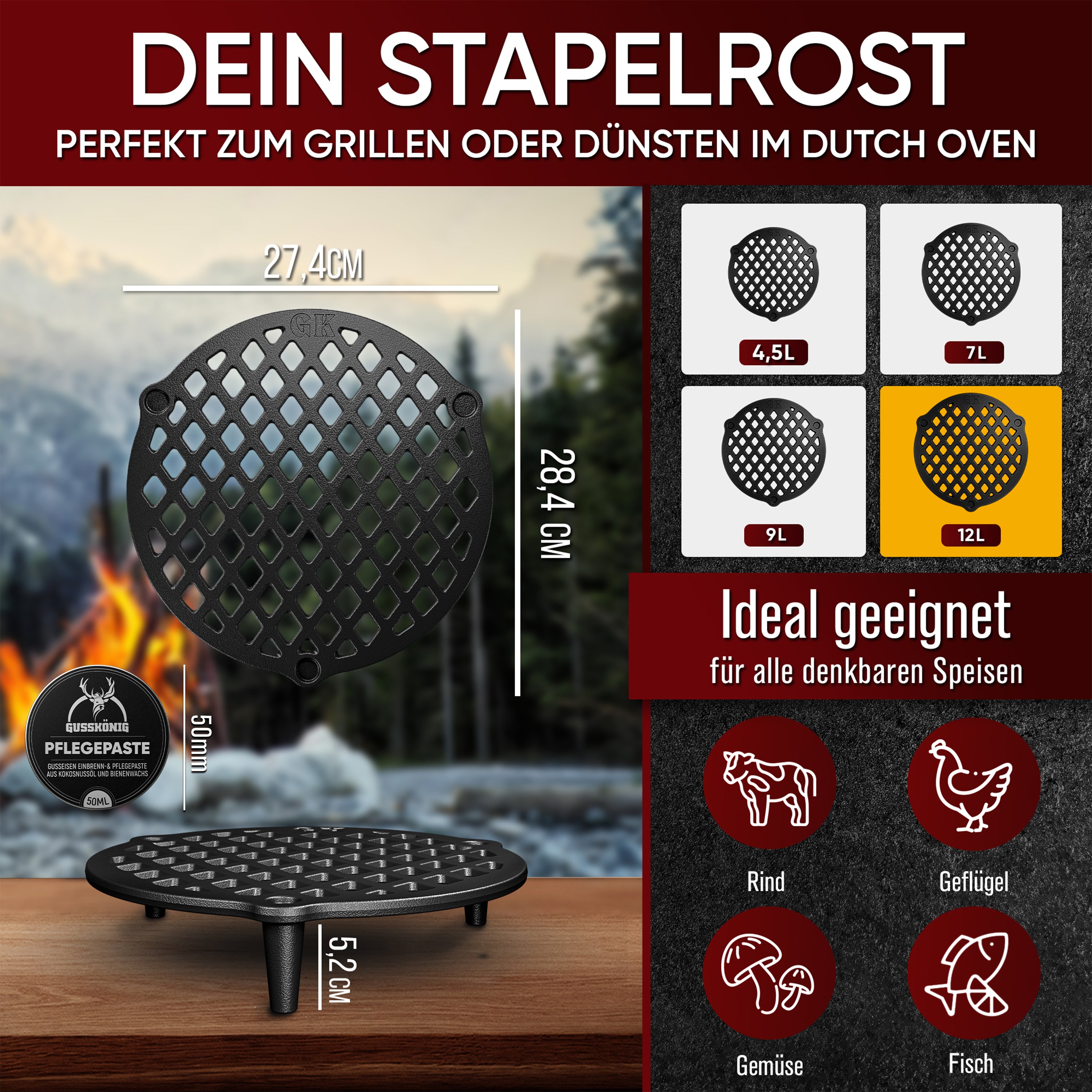 Gusseisen Stapelrost für Dutch Oven [12L] zum Dünsten von Lebensmitteln  inkl Pflegepaste inkl Pflegepaste