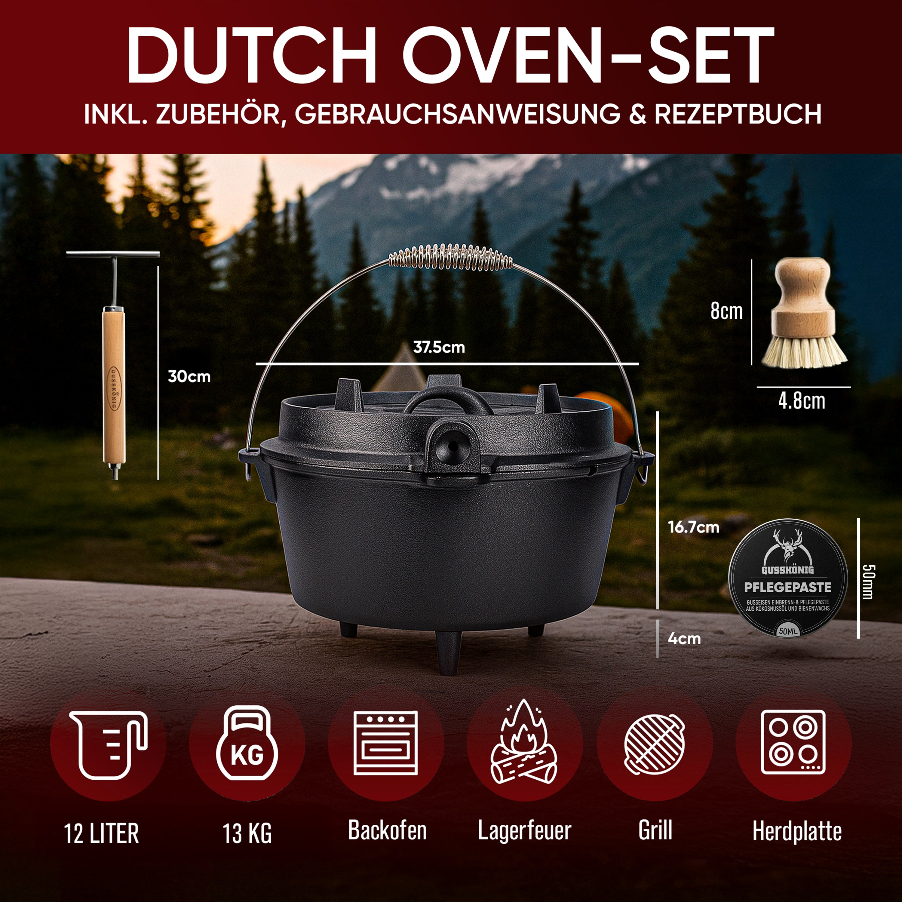 12 L mit Füße Eingebrannter Dutch Oven Set  – inkl. 2in1 Deckelheber + Bürste + Pflegepaste + Rezeptbuch + Gebrauchsanweisung – Schmortopf Doppelfunktion [für 10-16 Personen]