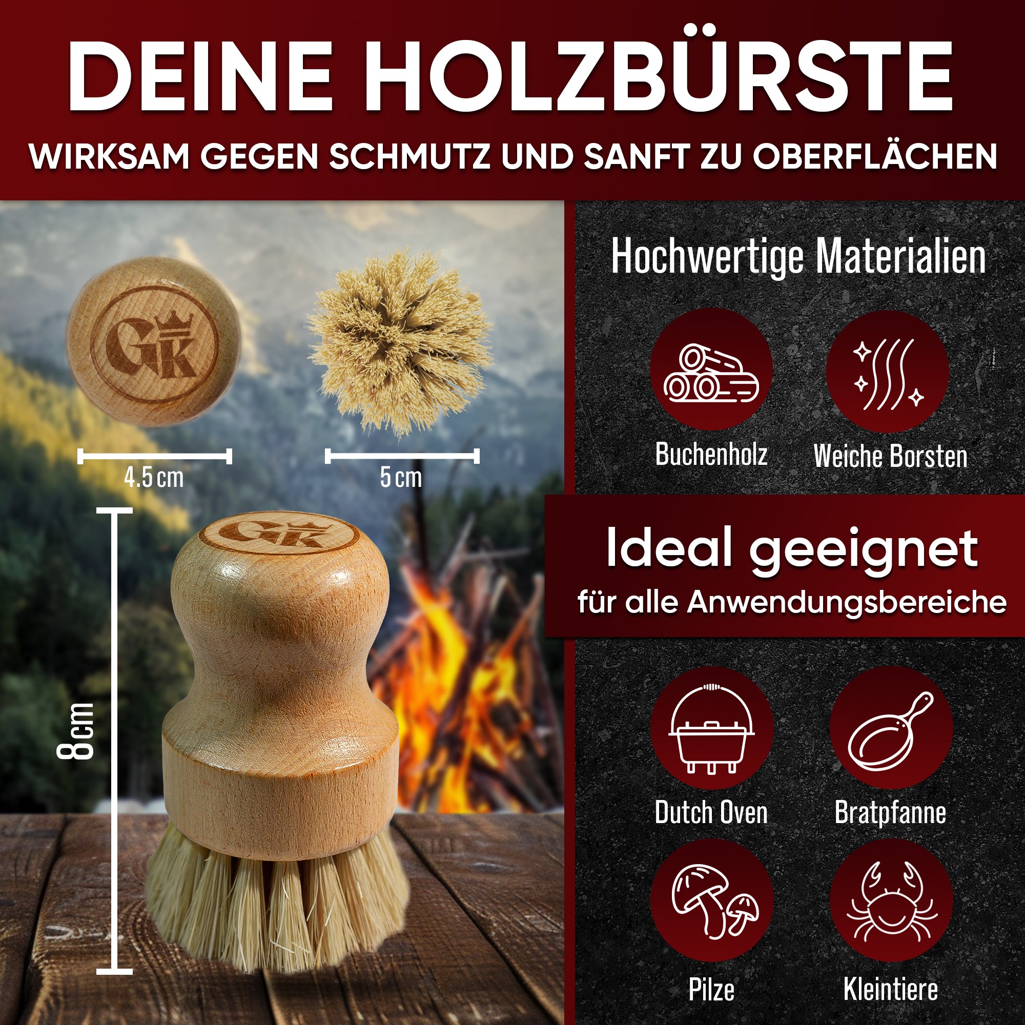GUSSKÖNIG Holz-Spülbürste mit natürlichen Sisalborsten – schonende Bürste für Gusseisen, Töpfe & Pfannen