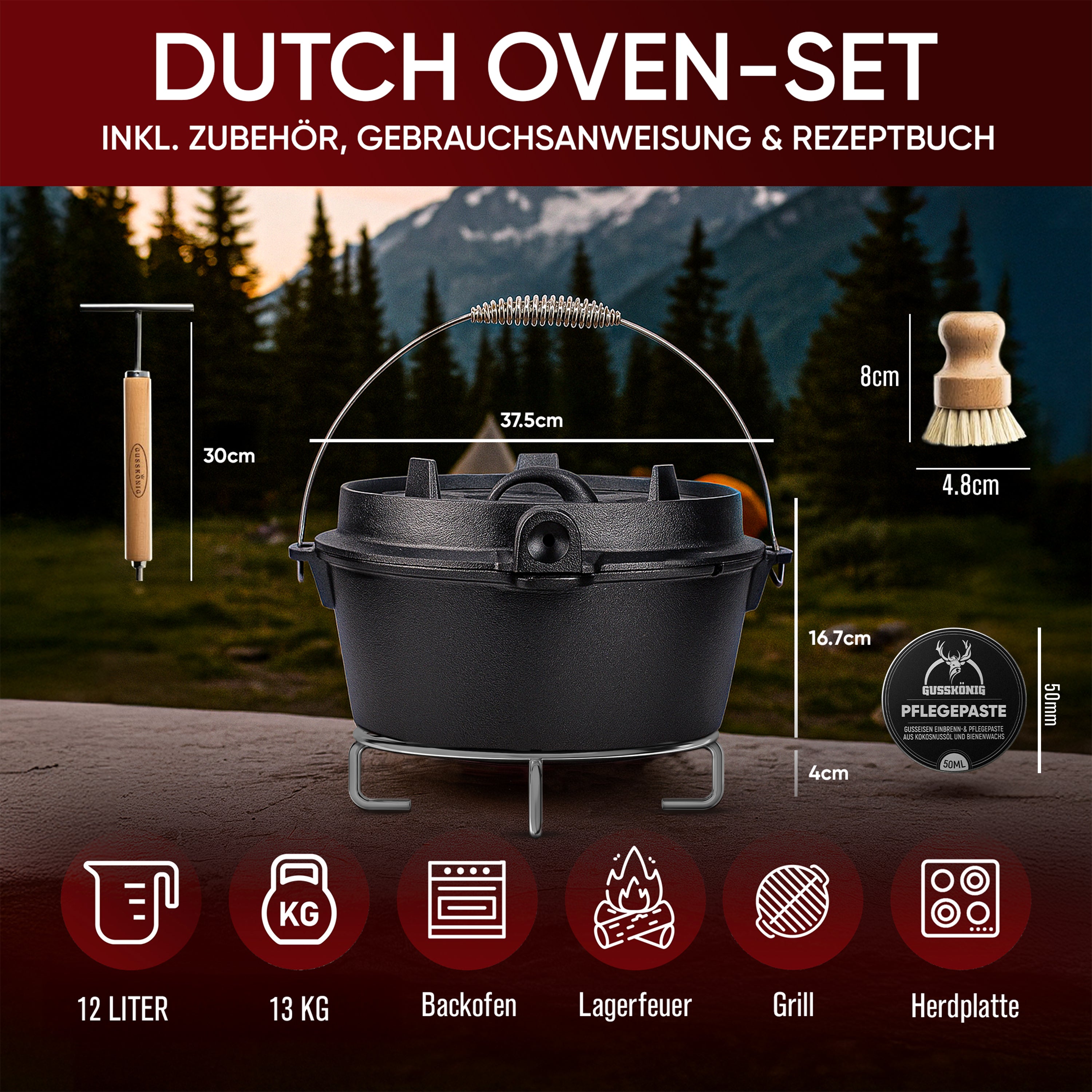 12 L ohne Füße Eingebrannter Dutch Oven Set – inkl. 2in1 Deckelheber + Untersetzer + Bürste + Pflegepaste + Rezeptbuch + Gebrauchsanweisung – Schmortopf Doppelfunktion  [für 10-16 Personen]