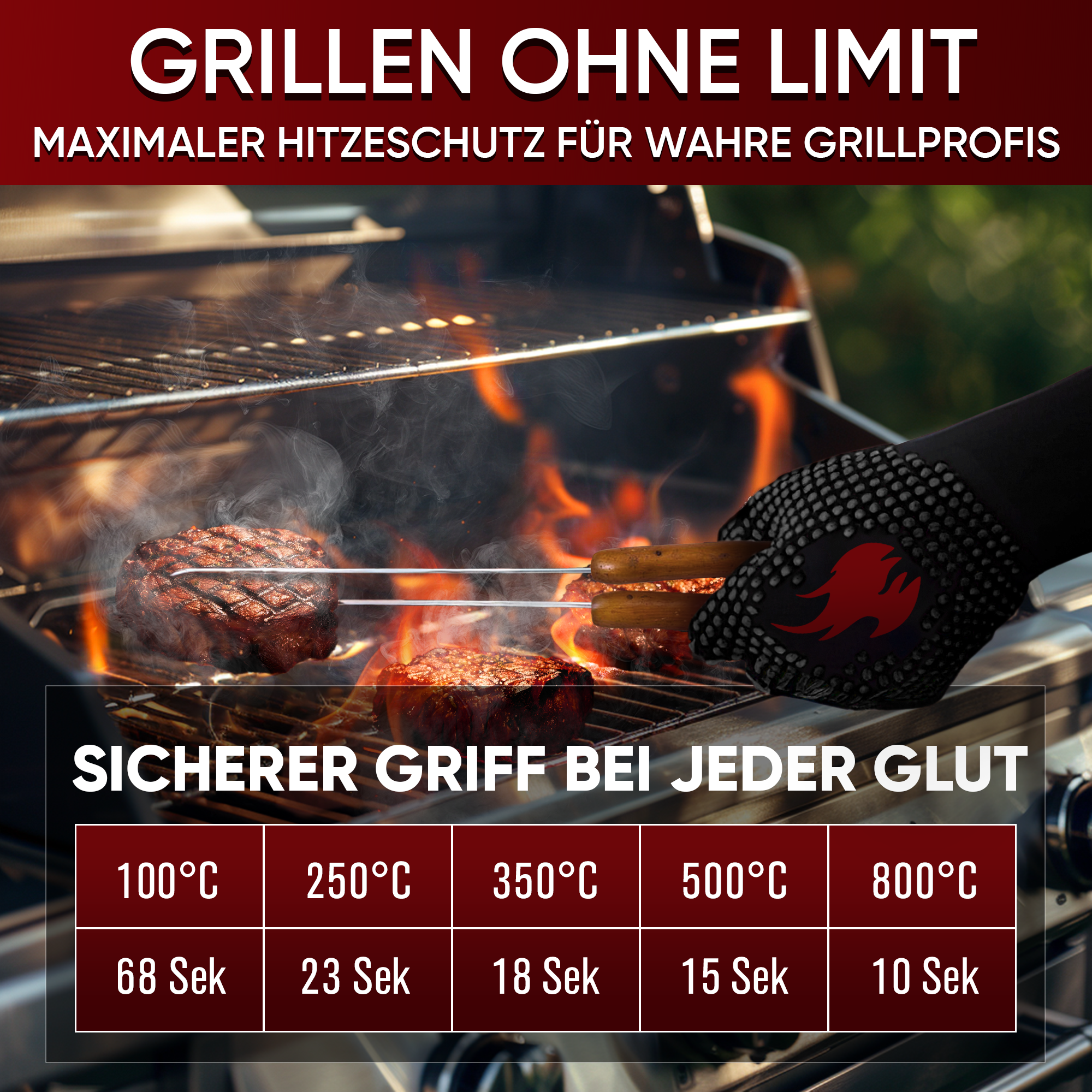 Grillhandschuhe hitzebeständig bis 800 Grad (L) - feuerfeste Handschuhe aus Aramid - Grillhandschuh Kochhandschuhe für Indoor&Outdoor Kochen