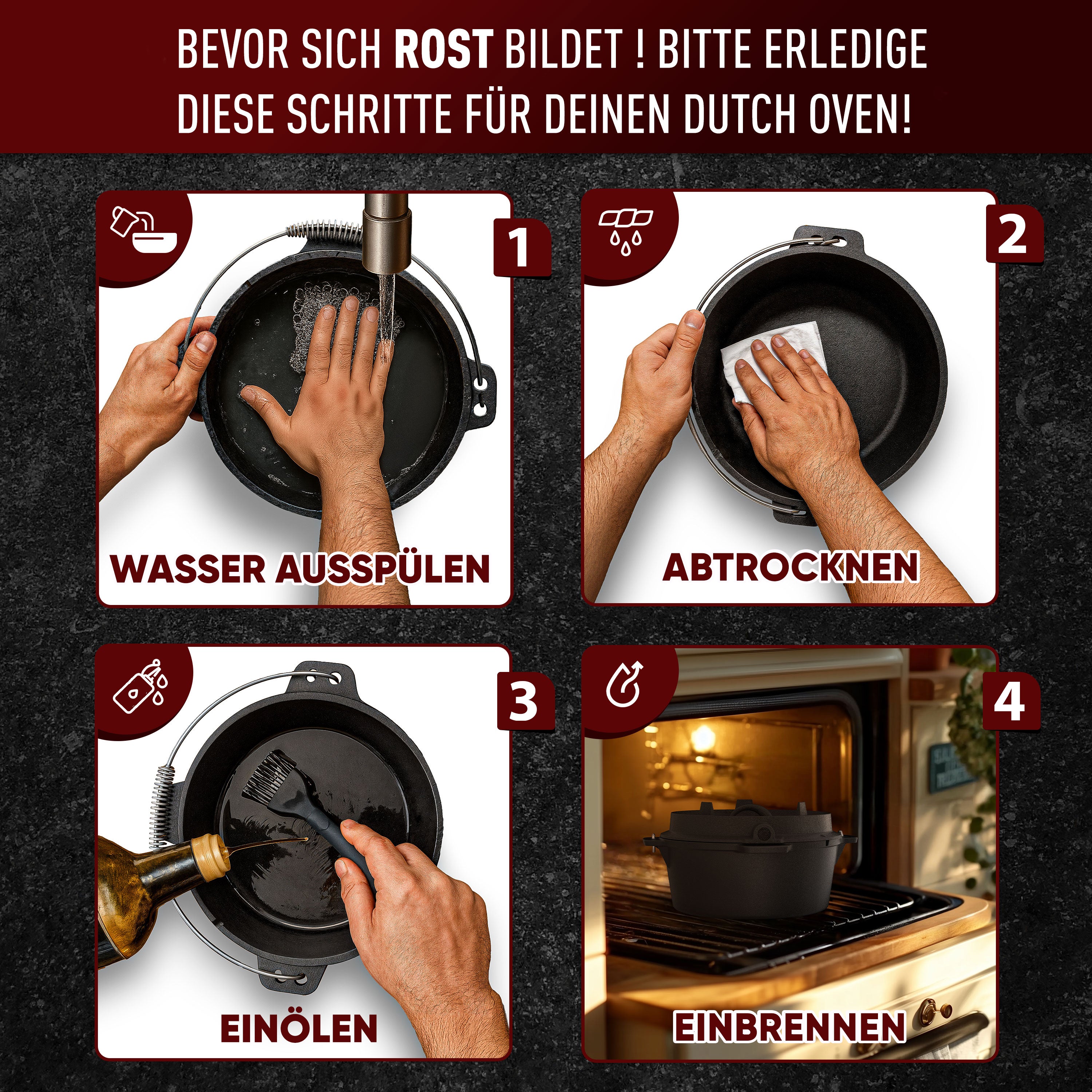 12 L mit Füße Klassisch Dutch Oven Set – inkl. Deckelheber + Pflegepaste + Rezeptbuch + Gebrauchsanweisung – Schmortopf Doppelfunktion [für 10 - 16 Personen]