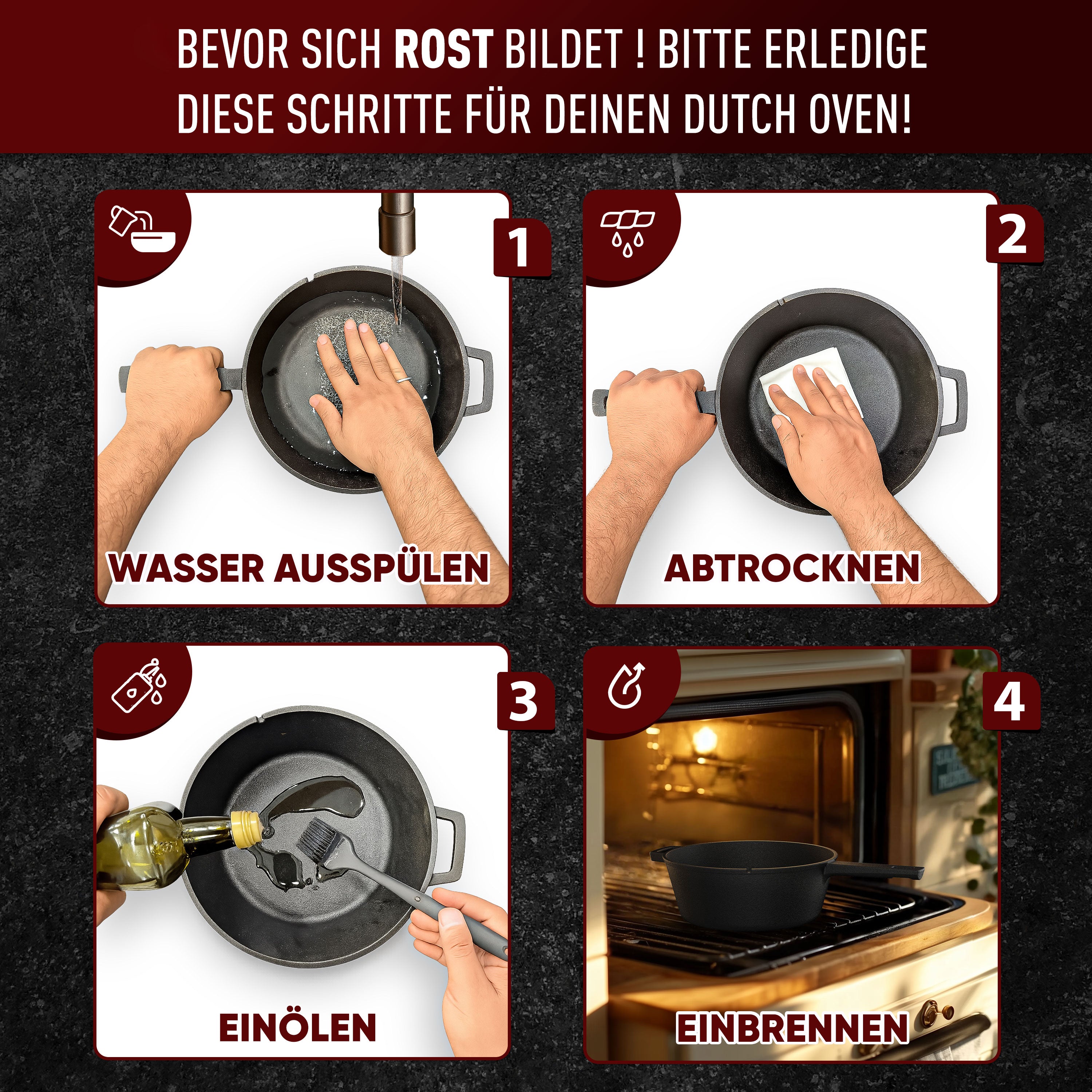2in1 Pfanne Set – Gusseisen Topf 3L & Gusspfanne 1,5L – inkl. Ringreiniger + Pflegepaste + Echtleder-Griffe + Rezeptbuch + Gebrauchsanweisung – Schmortopf Doppelfunktion [für 2 - 4 Personen]
