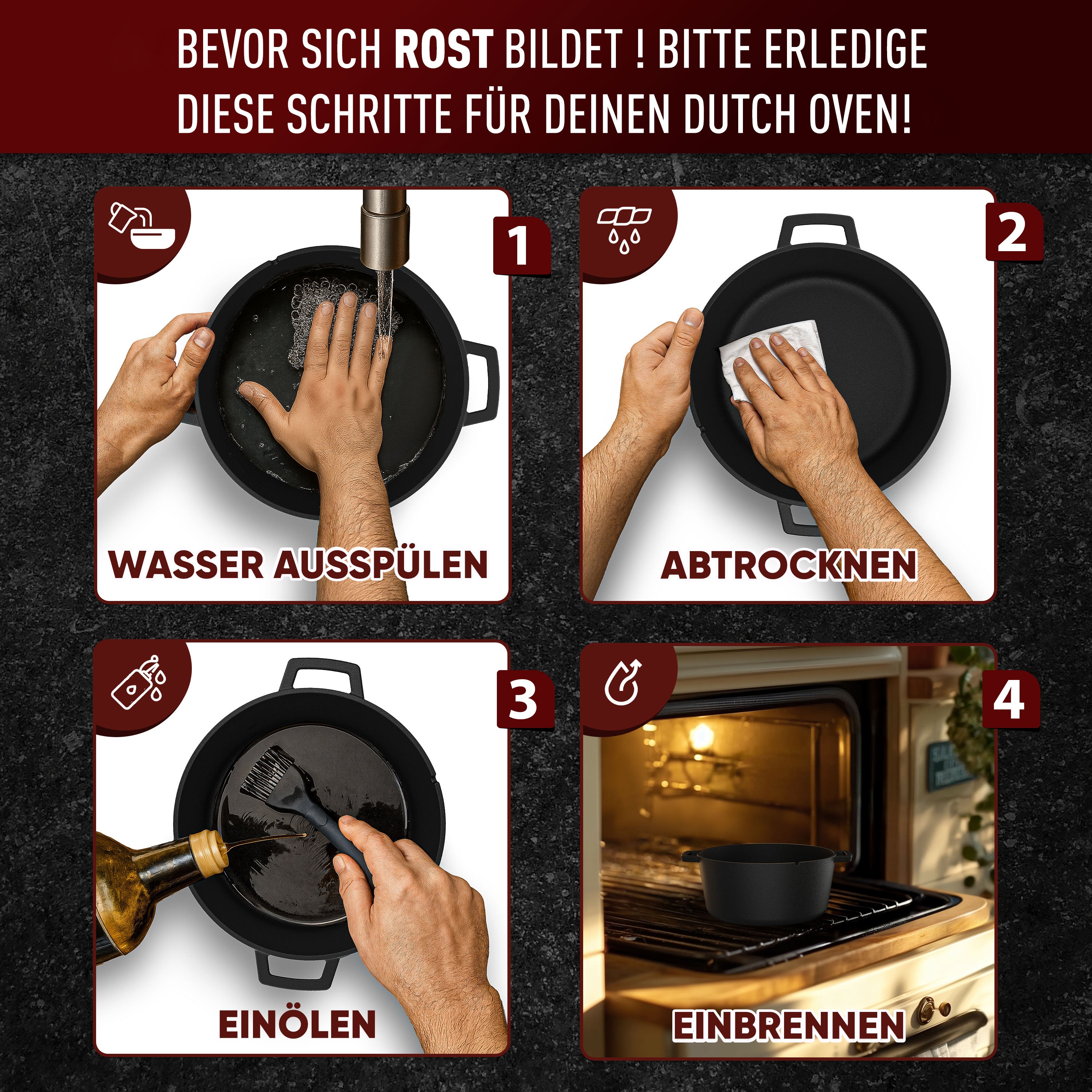 2in1 Dutch Oven Set – Gusseisen Topf 4,8L & Gusspfanne 1,8L – inkl. Ringreiniger + Pflegepaste + Untersetzer + Echtleder-Griffe + Gebrauchsanweisung – Schmortopf Doppelfunktion [für 3-6 Personen]