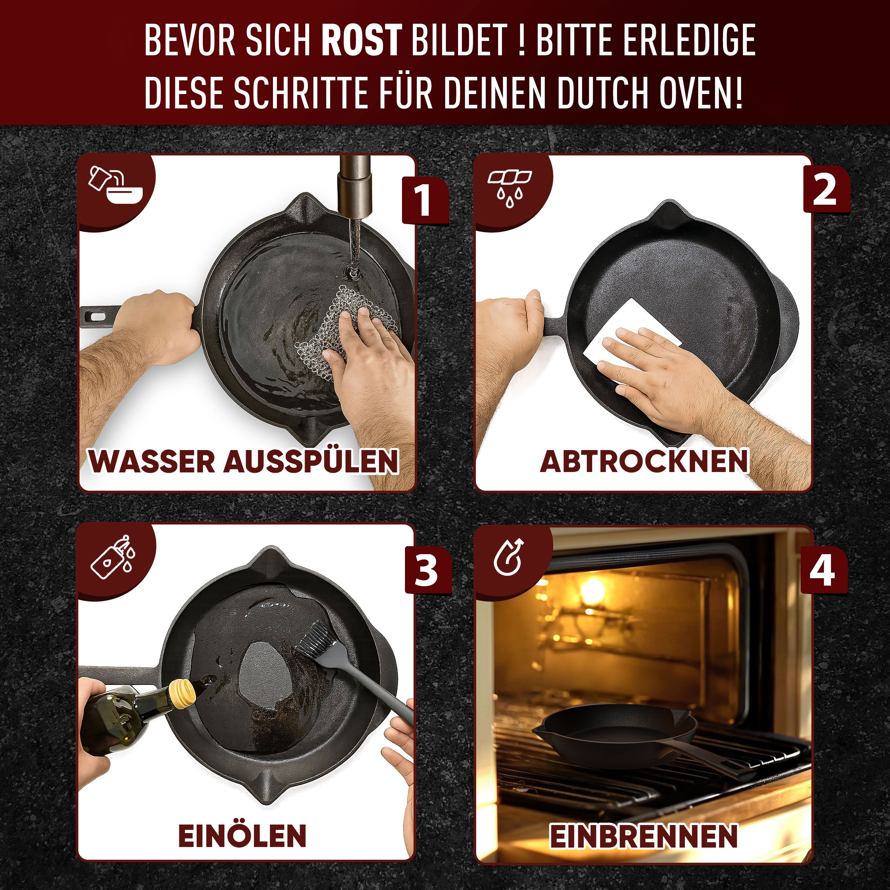 Eingebrannte Gusseisenpfanne 26cm – inkl. Ringreinige + Pflegepaste + Griffschutz aus echtem Leder + Rezeptbuch + Gebrauchsanweisung