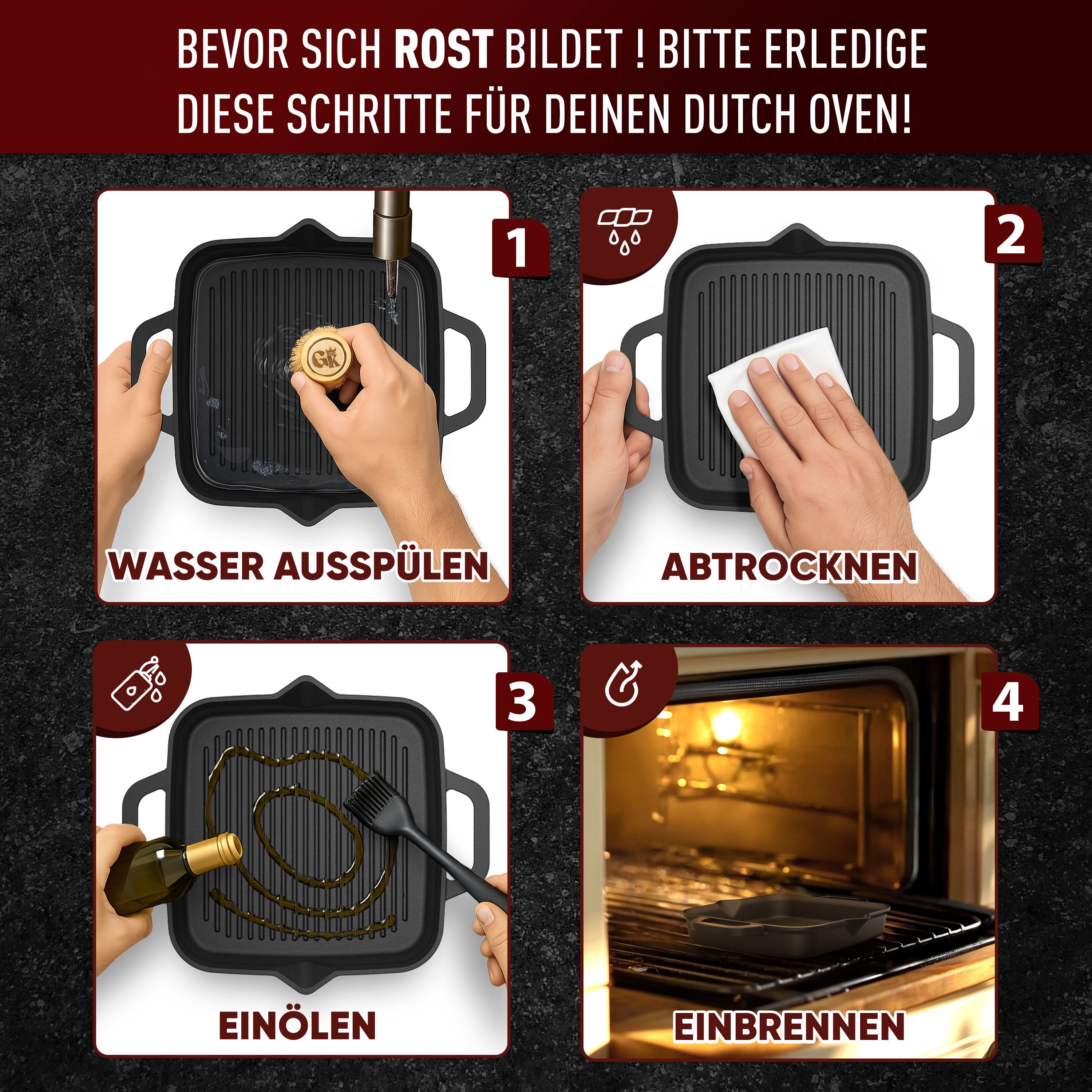 Eingebrannte Grillpfanne 30cm – inkl. Pflegepaste + Ringreiniger + Rezeptbuch + Gebrauchsanweisung
