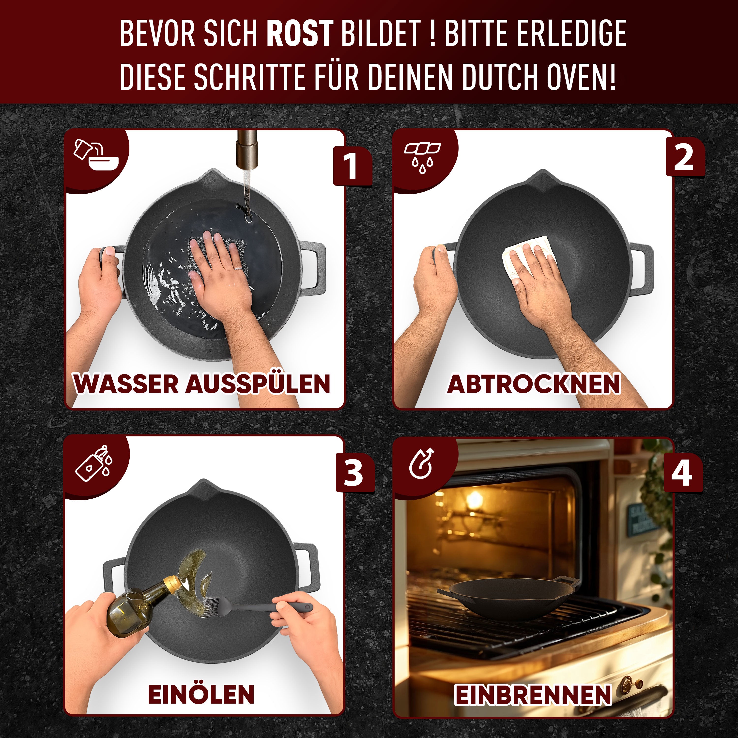 Eingebrannte Wok Pfanne 36cm –  inkl. Pflegepaste + Ringreiniger + Grillhandschuhe + Rezeptbuch + Gebrauchsanweisung