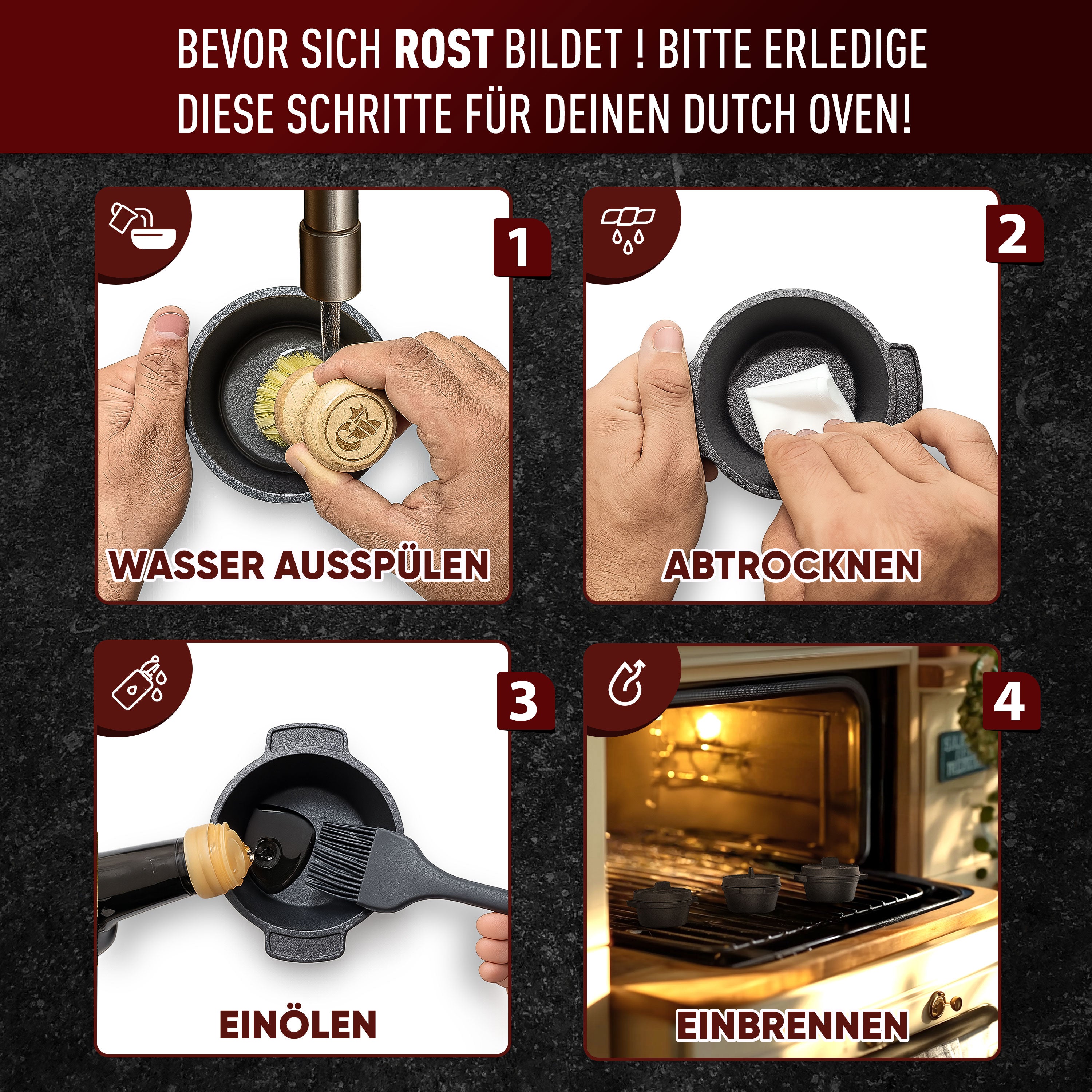Eingebrannter 6× 300ml Mini Dutch Oven Set – inkl. Pflegepaste + Rezeptbuch + Gebrauchsanweisung