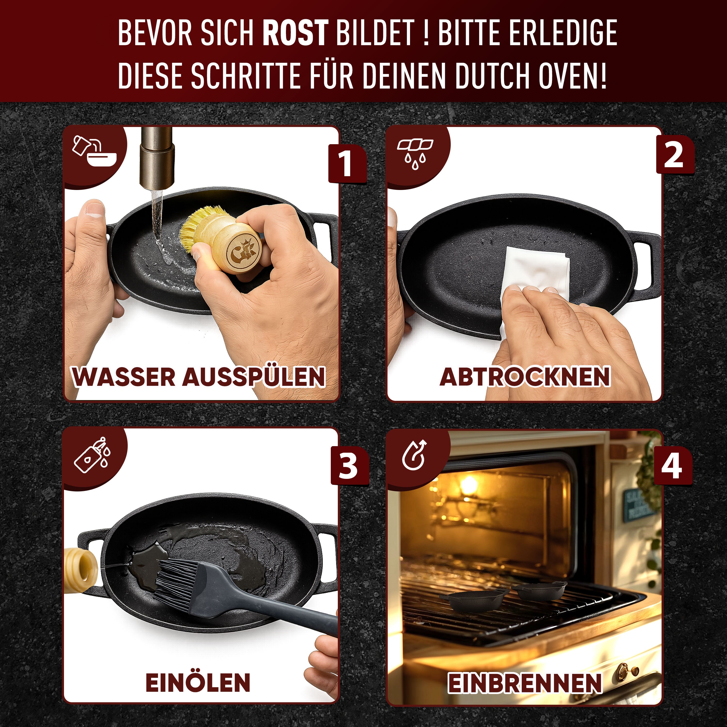 Eingebrannte oval Mini Gusseisen-pfanne 6x Ø 11.7cm– inkl. Pflegepaste + Rezeptbuch + Gebrauchsanweisung