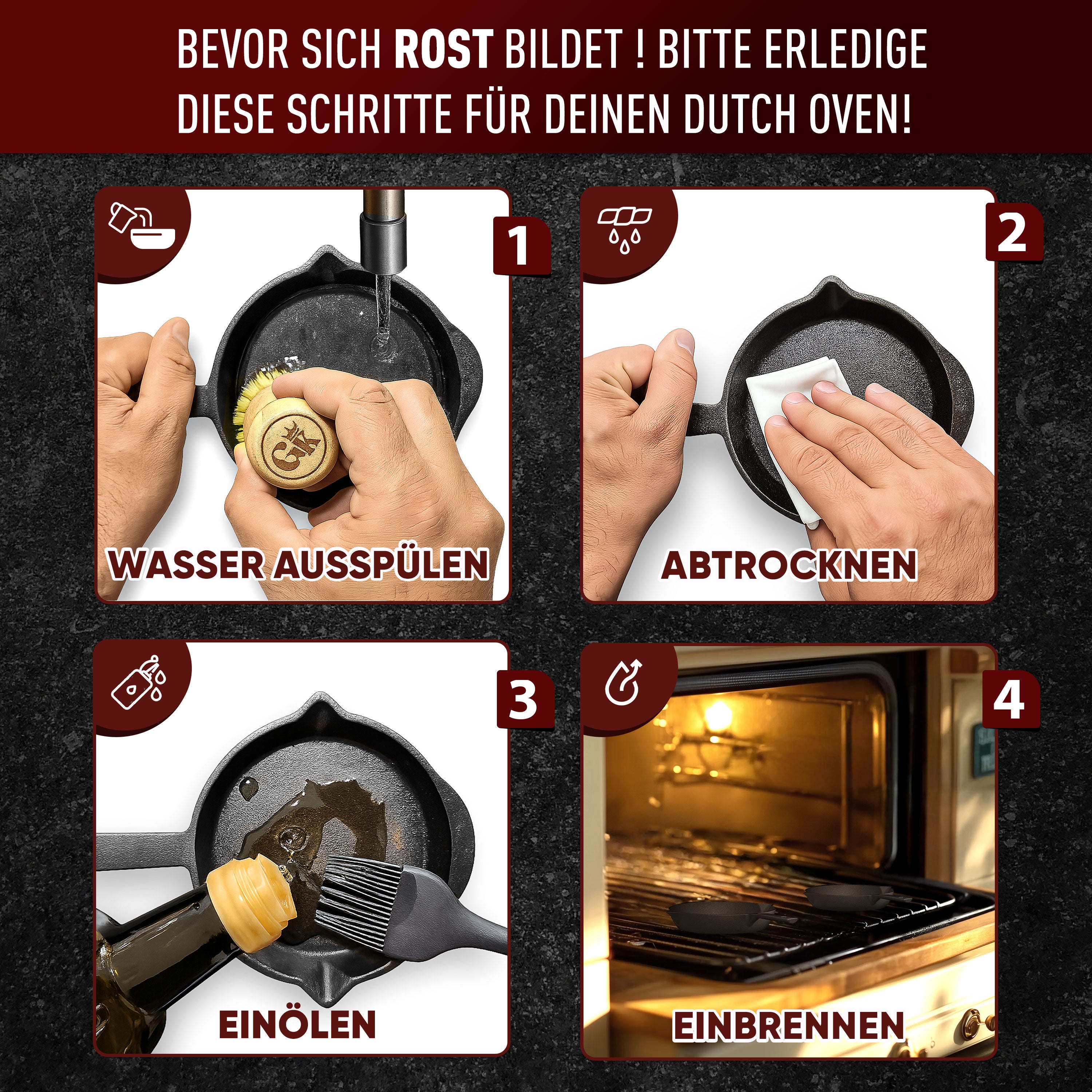 Eingebrannte Mini Gusseisen-Bratpfanne 6x Ø 13,7cm– inkl. Pflegepaste + Rezeptbuch + Gebrauchsanweisung