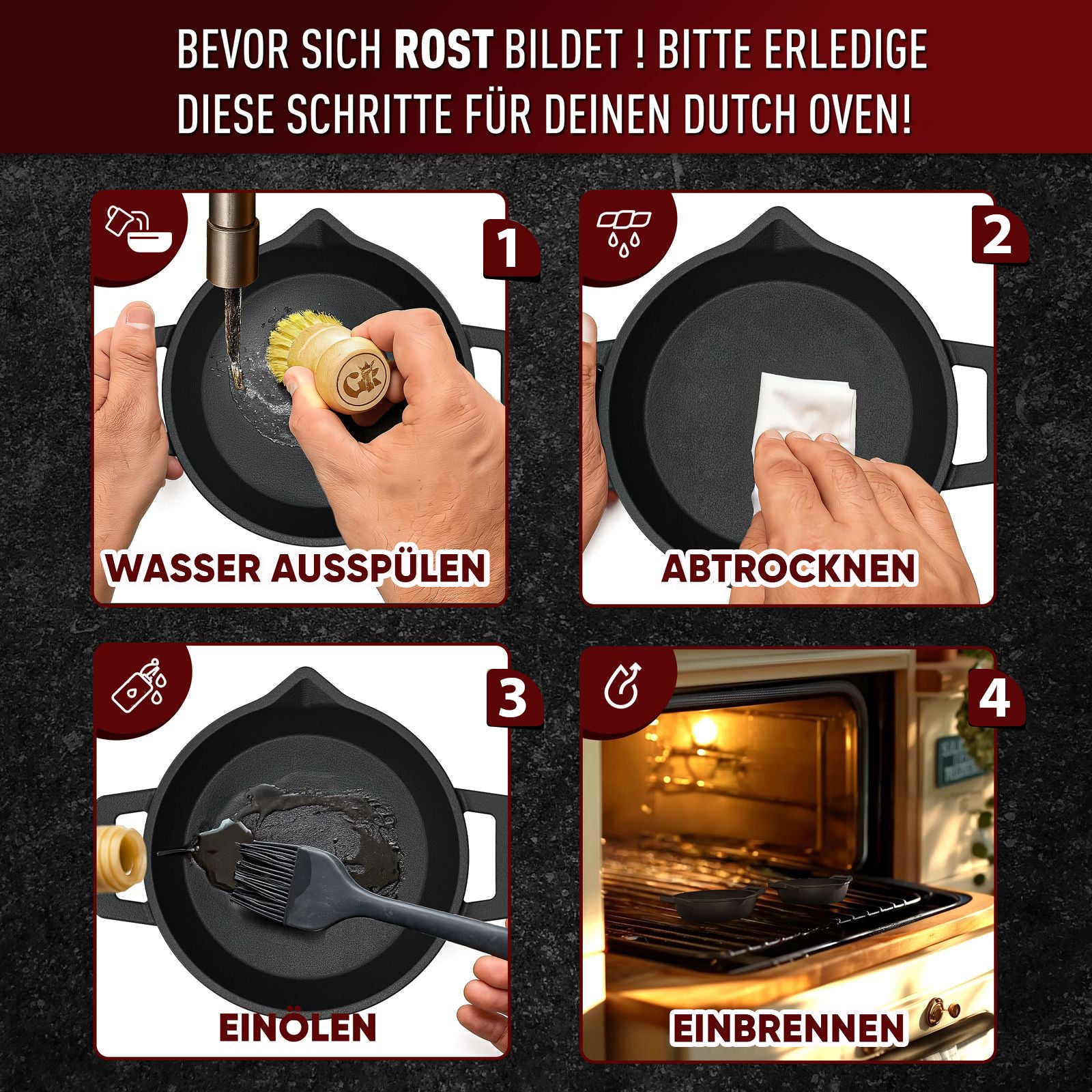 Eingebrannte runde Mini Gusseisen-pfanne mit Holz-Untersetzer 2x Ø 16.2cm- inkl. Pflegepaste + Rezeptbuch + Gebrauchsanweisung