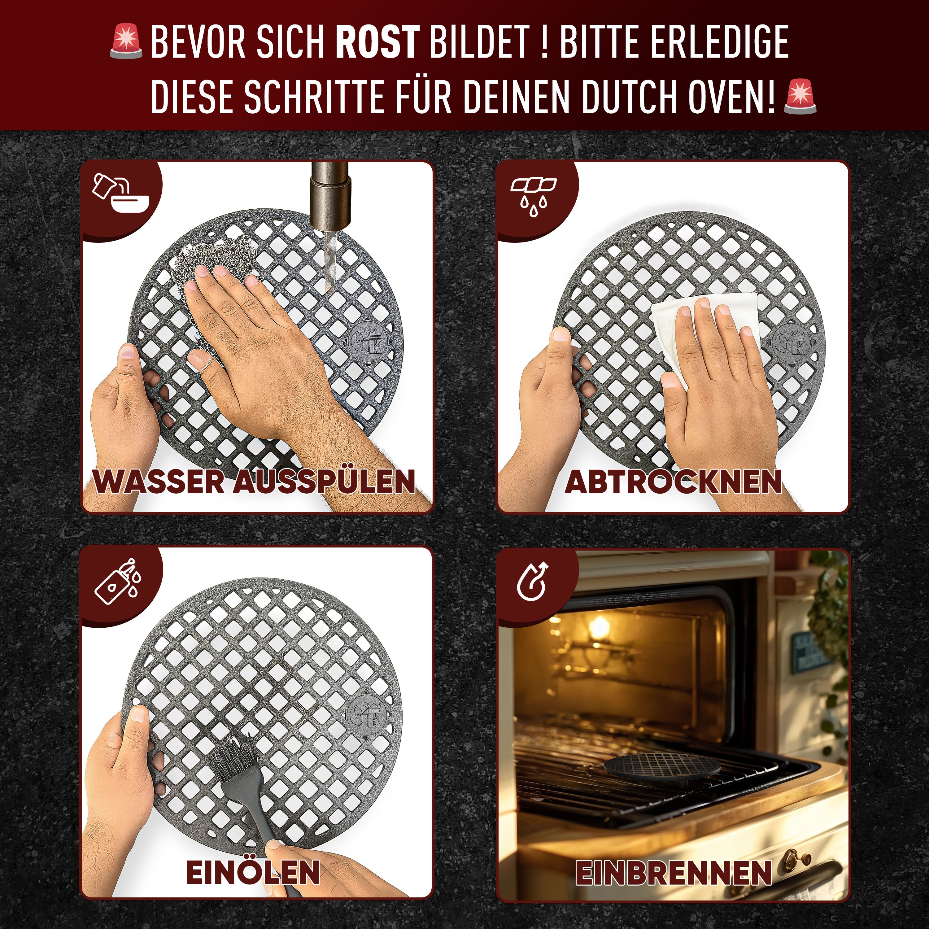 Eingebrannter Grillrost 20cm mit Beinen – inkl. Pflegepaste + Rezeptbuch + Gebrauchsanweisung