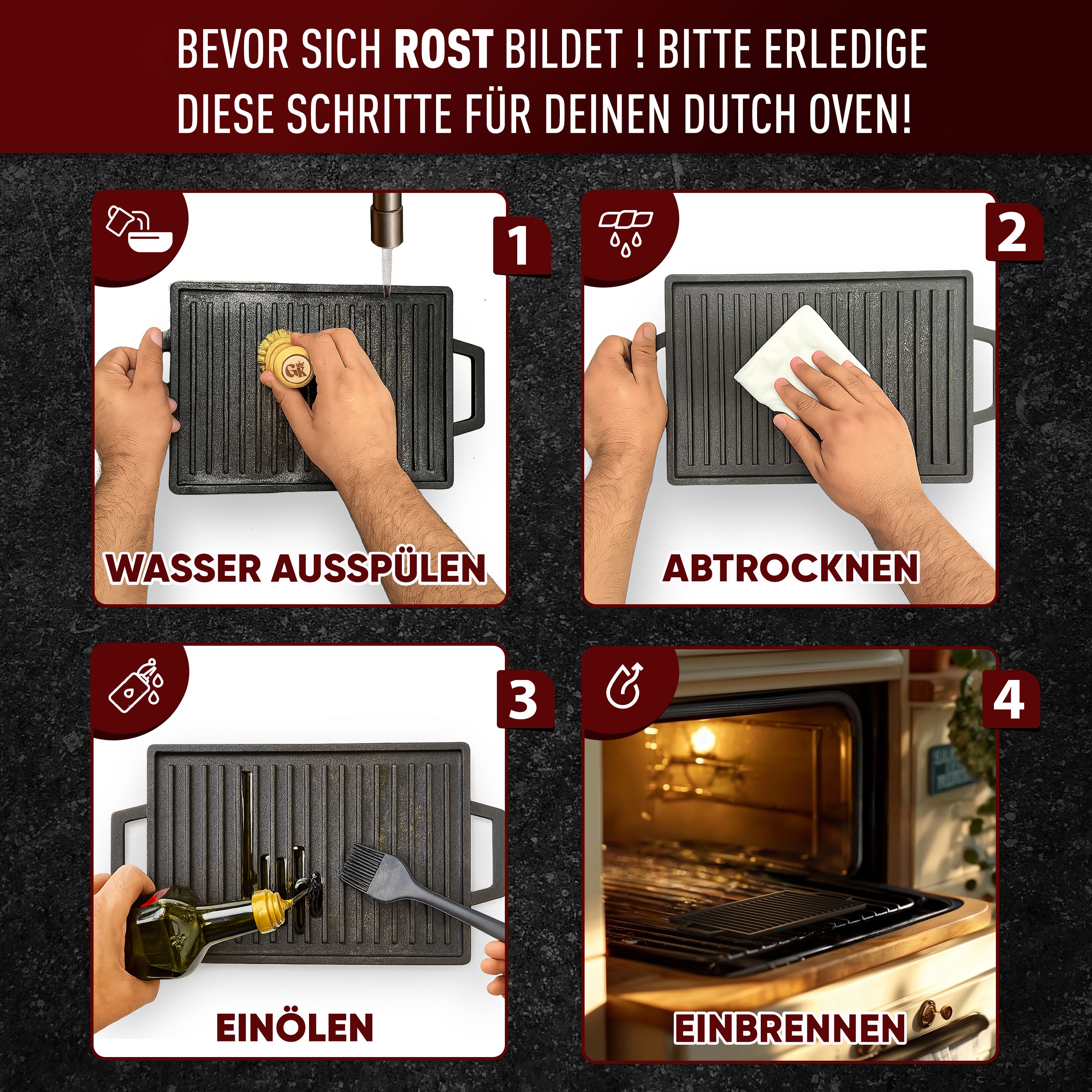 Eingebrannter Grillplatte mit Griffen, 33 cm – inkl. Pflegepaste + Rezeptbuch + Gebrauchsanweisung