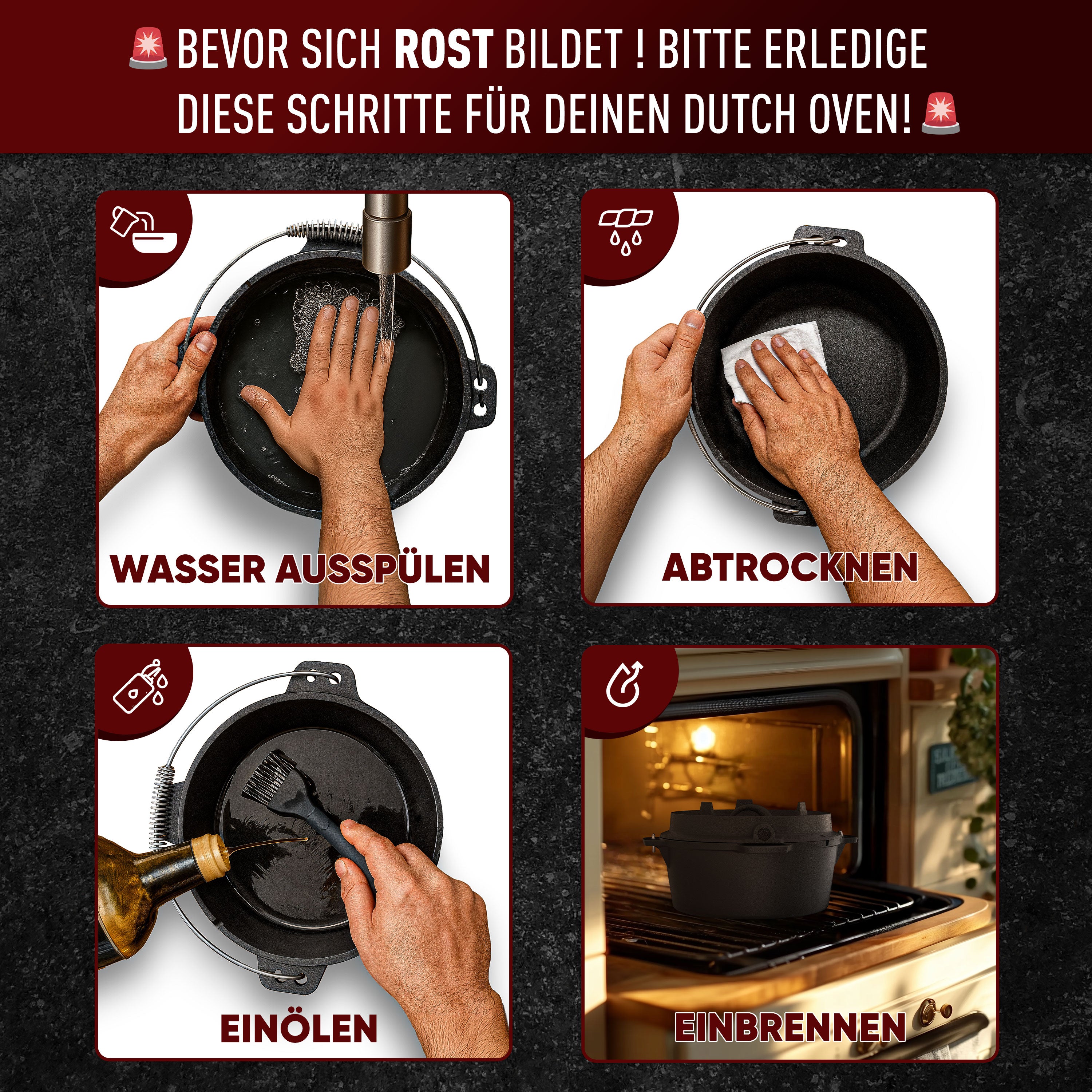 Eingebrannter Holz-Set 14-teilig – Dutch Oven in Holzbox mit Bratpfanne + robustem Saucentopf + Grillplatte + 2 Stk Mini Dutch Oven + Untersetzer + 2in1 Deckelheber + Ringreiniger + Stapelrost + Griffschutz – inkl. Pflegepaste + Rezeptbuch