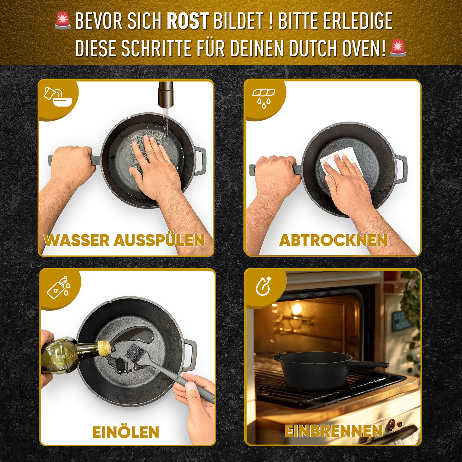 Eingebrannter Gusseisen 4,8L Topf & 1,8L Pfanne zum Brotbacken mit Deckel – inkl. Gärkörbchen + Echtleder-Griffe + Pflegepaste +  Rezeptbuch + Gebrauchsanweisung