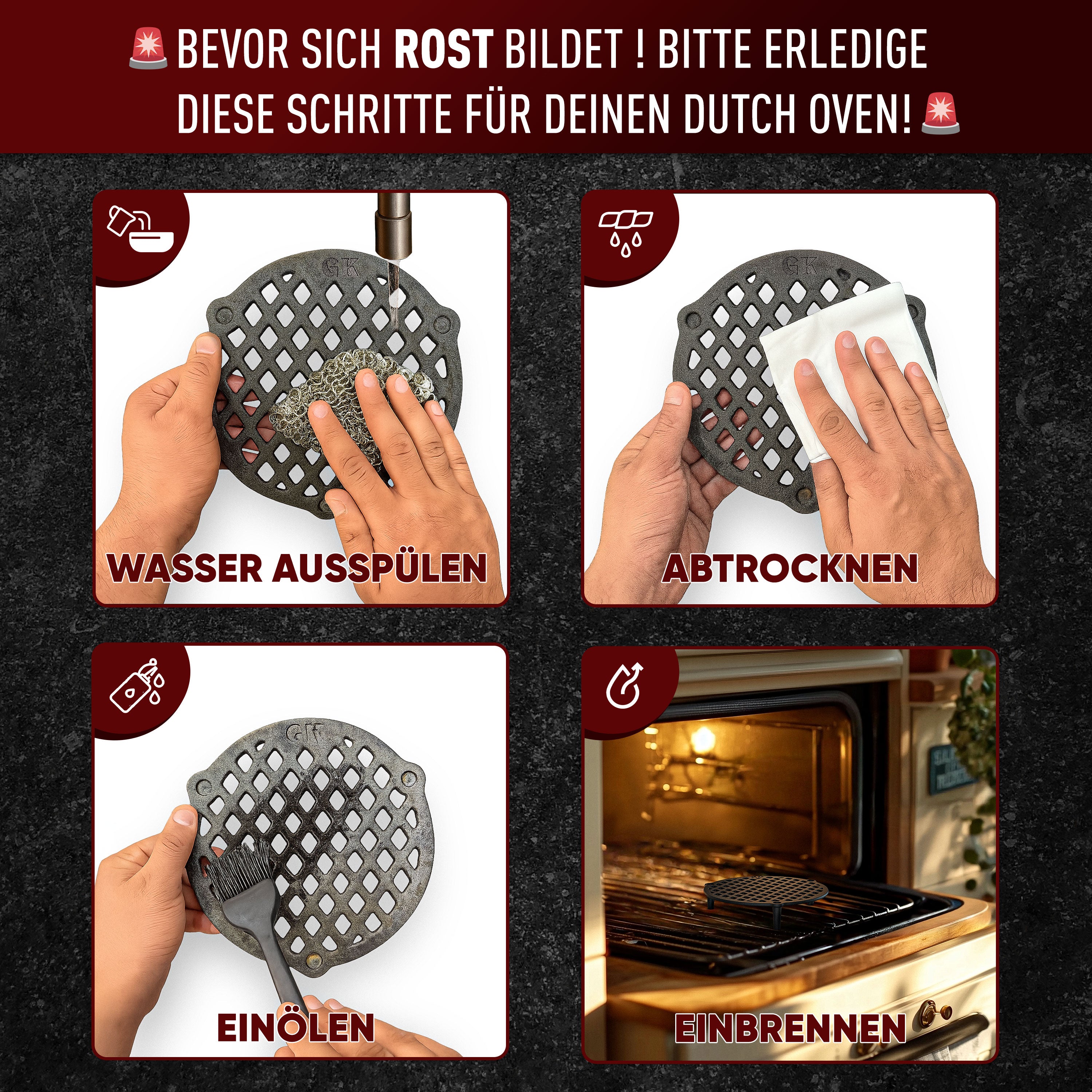 Gusseisen Stapelrost für Dutch Oven [9L] zum Dünsten von Lebensmitteln inkl Pflegepaste