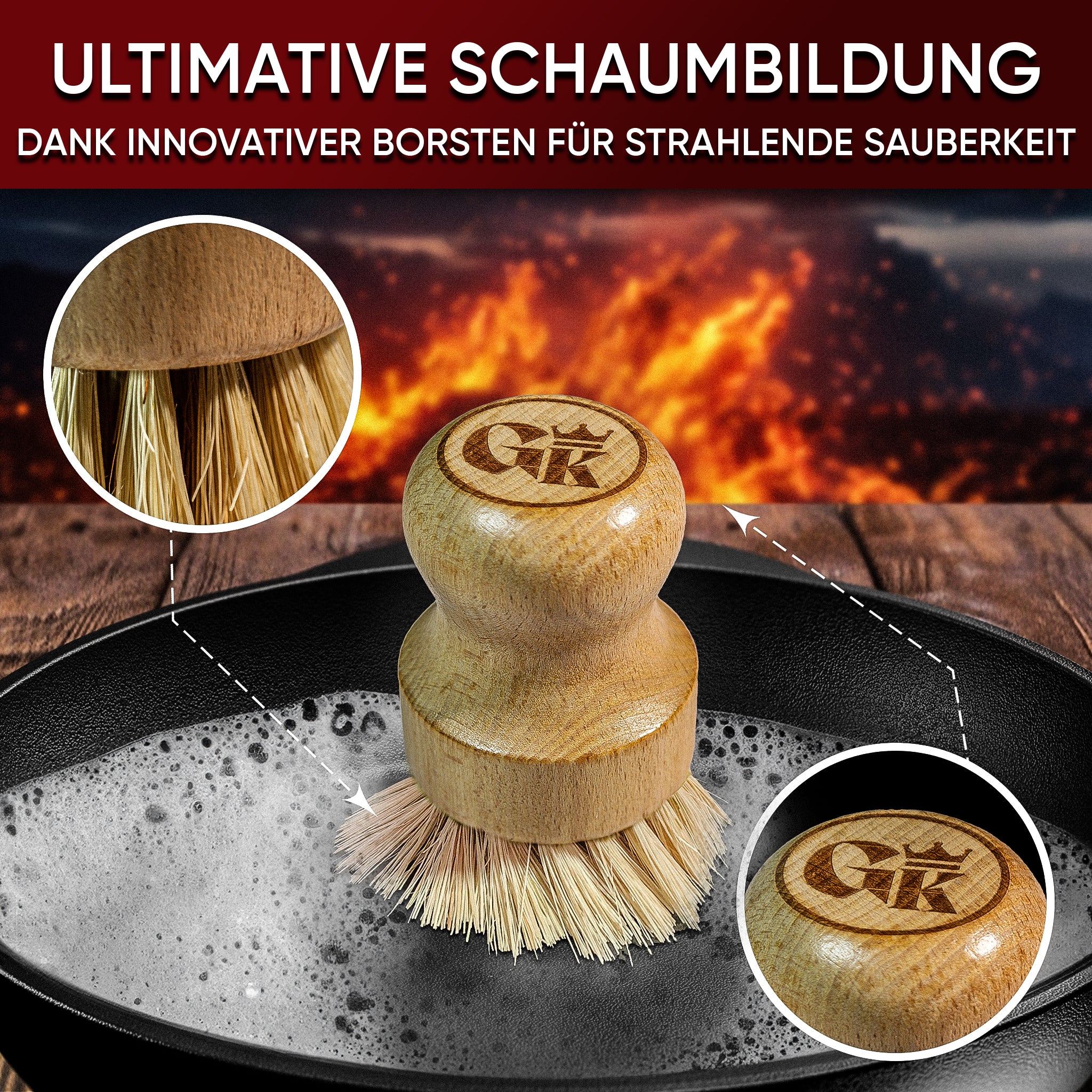 GUSSKÖNIG Holz-Spülbürste mit natürlichen Sisalborsten – schonende Bürste für Gusseisen, Töpfe & Pfannen