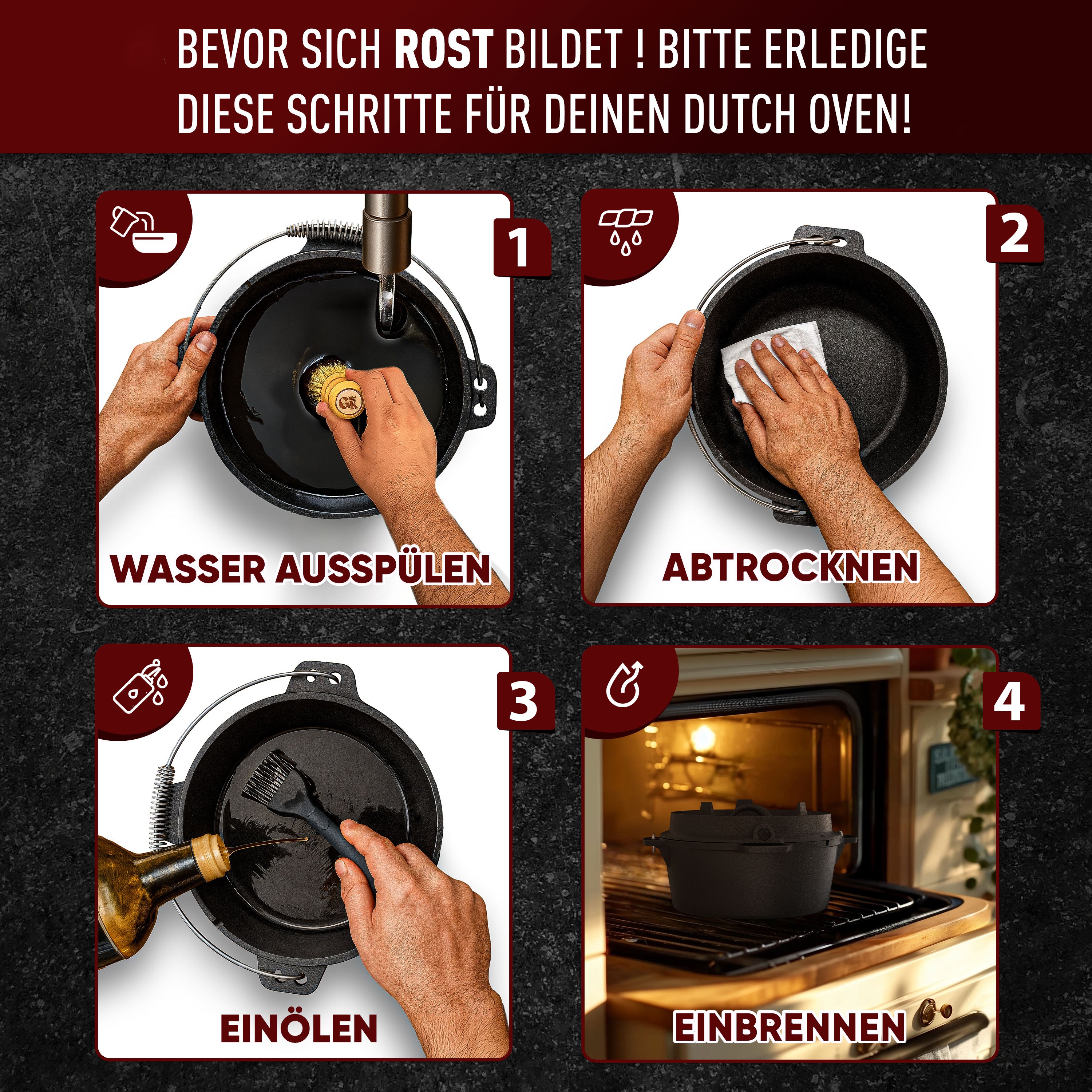 12 L ohne Füße Eingebrannter Dutch Oven Set – inkl. 2in1 Deckelheber + Untersetzer + Bürste + Pflegepaste + Rezeptbuch + Gebrauchsanweisung – Schmortopf Doppelfunktion  [für 10-16 Personen]