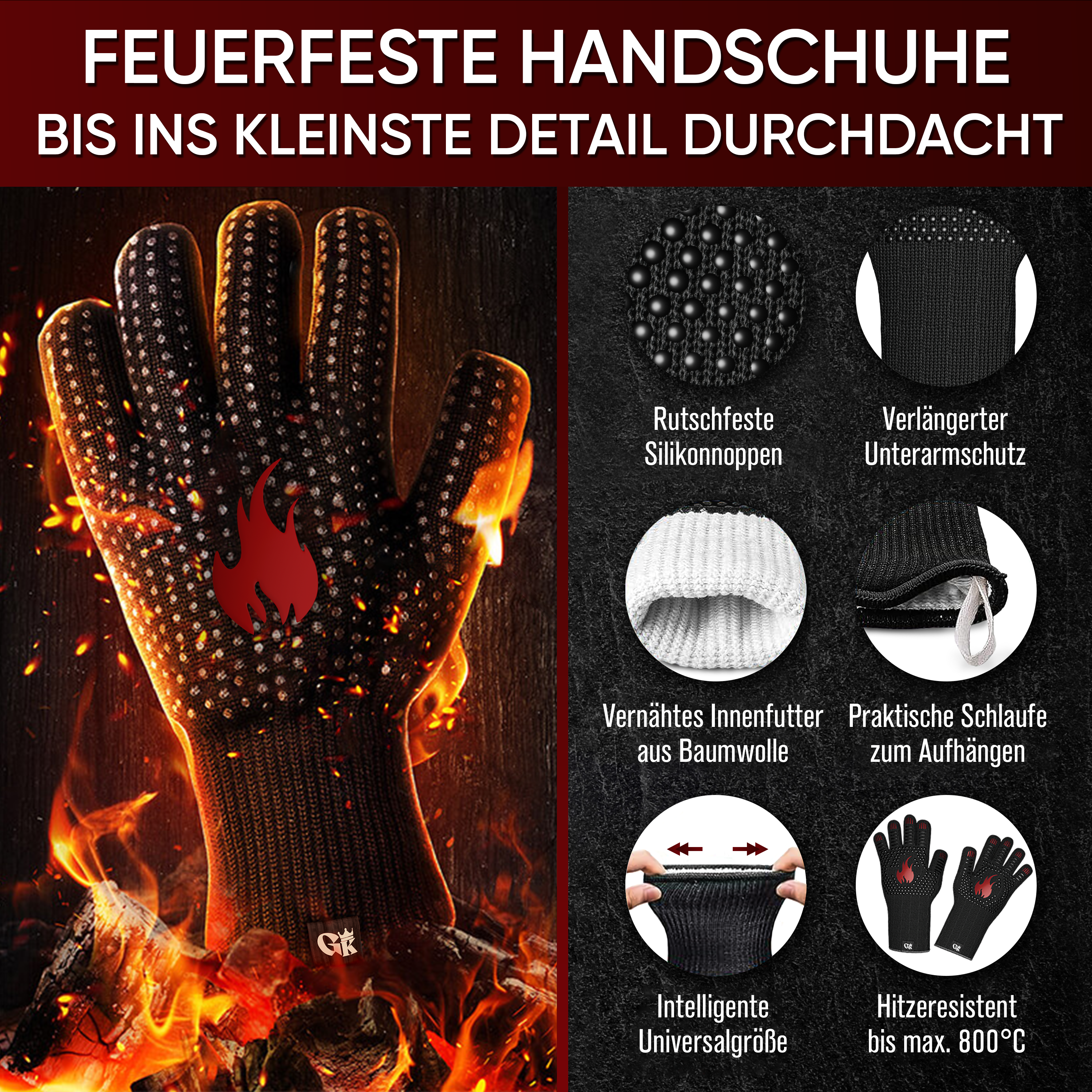 Grillhandschuhe hitzebeständig bis 800 Grad (M) - feuerfeste Handschuhe aus Aramid - Grillhandschuh Kochhandschuhe für Indoor&Outdoor Kochen