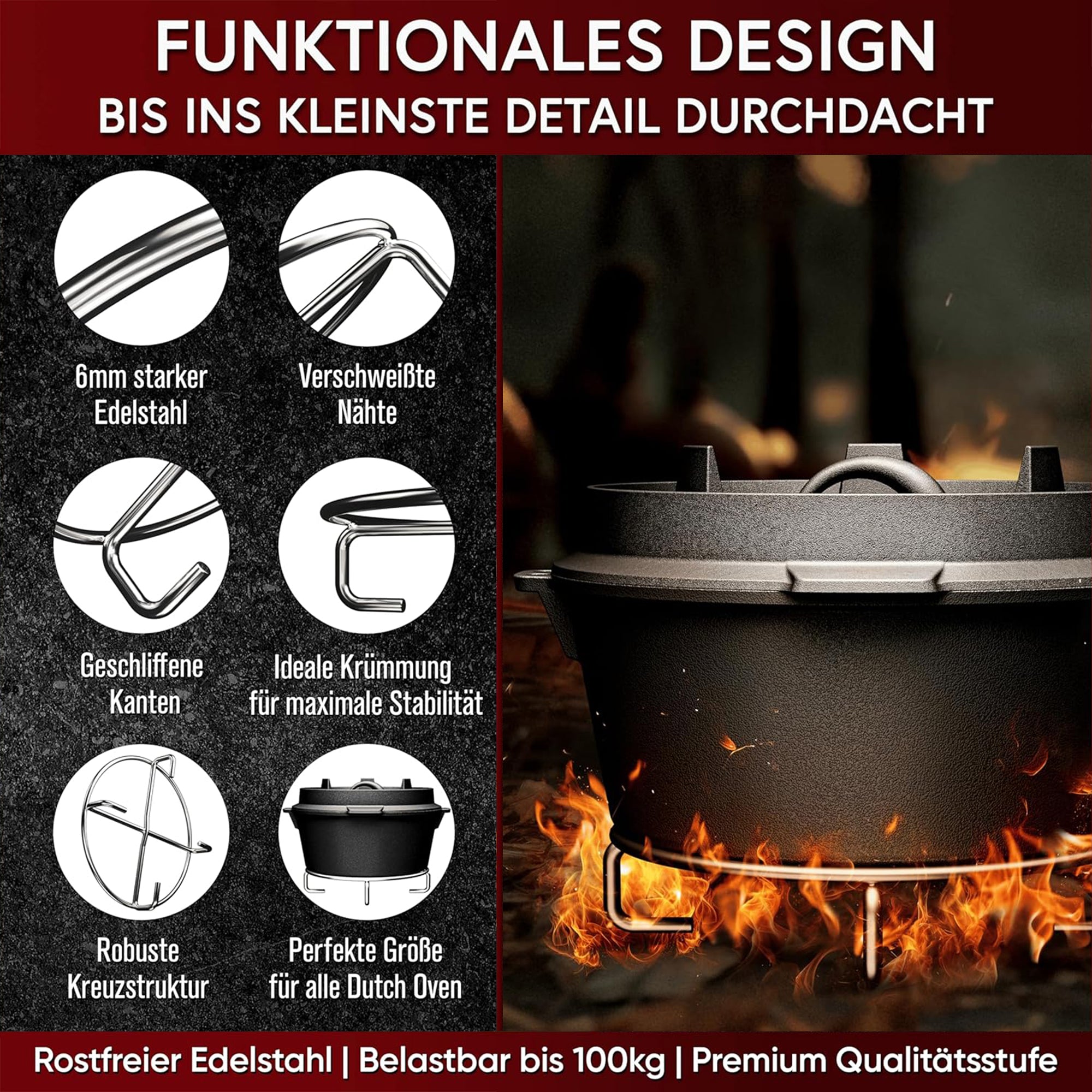 Edelstahl-Untersetzer 20x20 cm - Ablage für Dutch Oven & Kochgeschirr - Stabiler Untergrund auf Kohlen oder Anderen Hitzequellen bis 600°