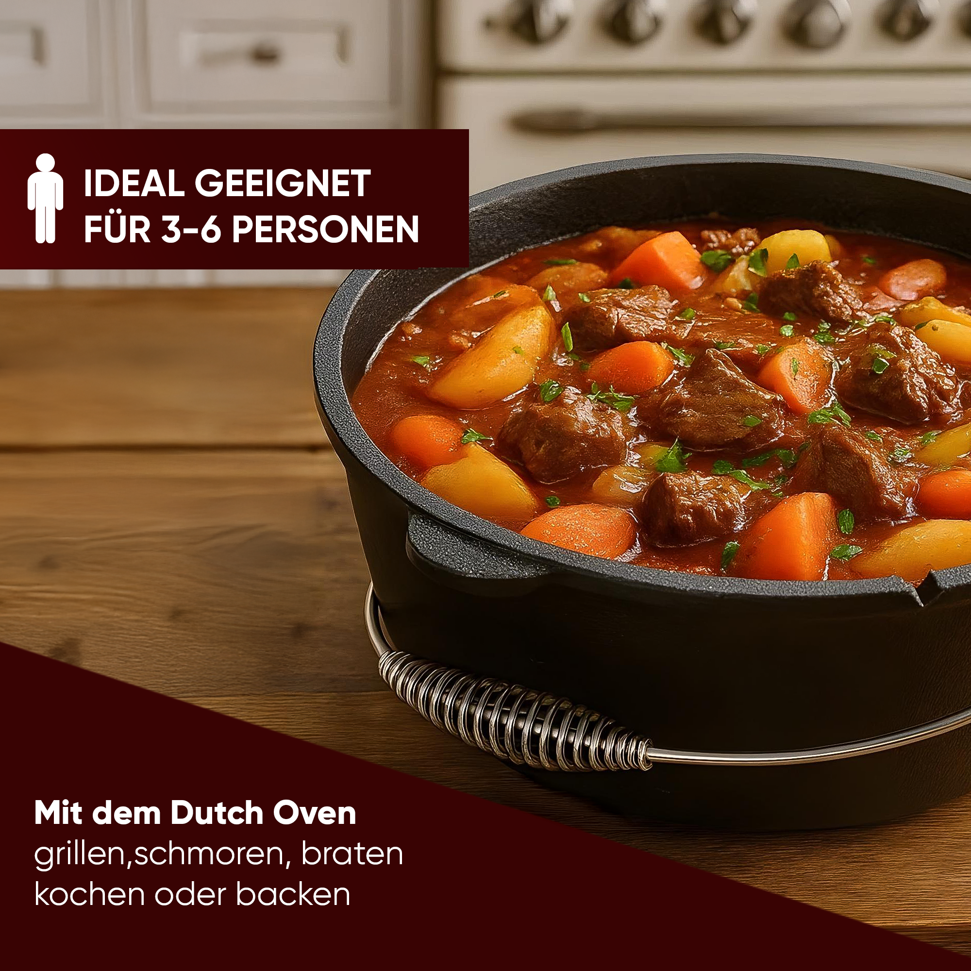 7 L ohne Füße  Eingebrannter Dutch Oven Set – inkl. 2in1 Deckelheber + Untersetzer + Bürste + Pflegepaste + Rezeptbuch + Gebrauchsanweisung – Schmortopf Doppelfunktion [für 3–6 Personen]
