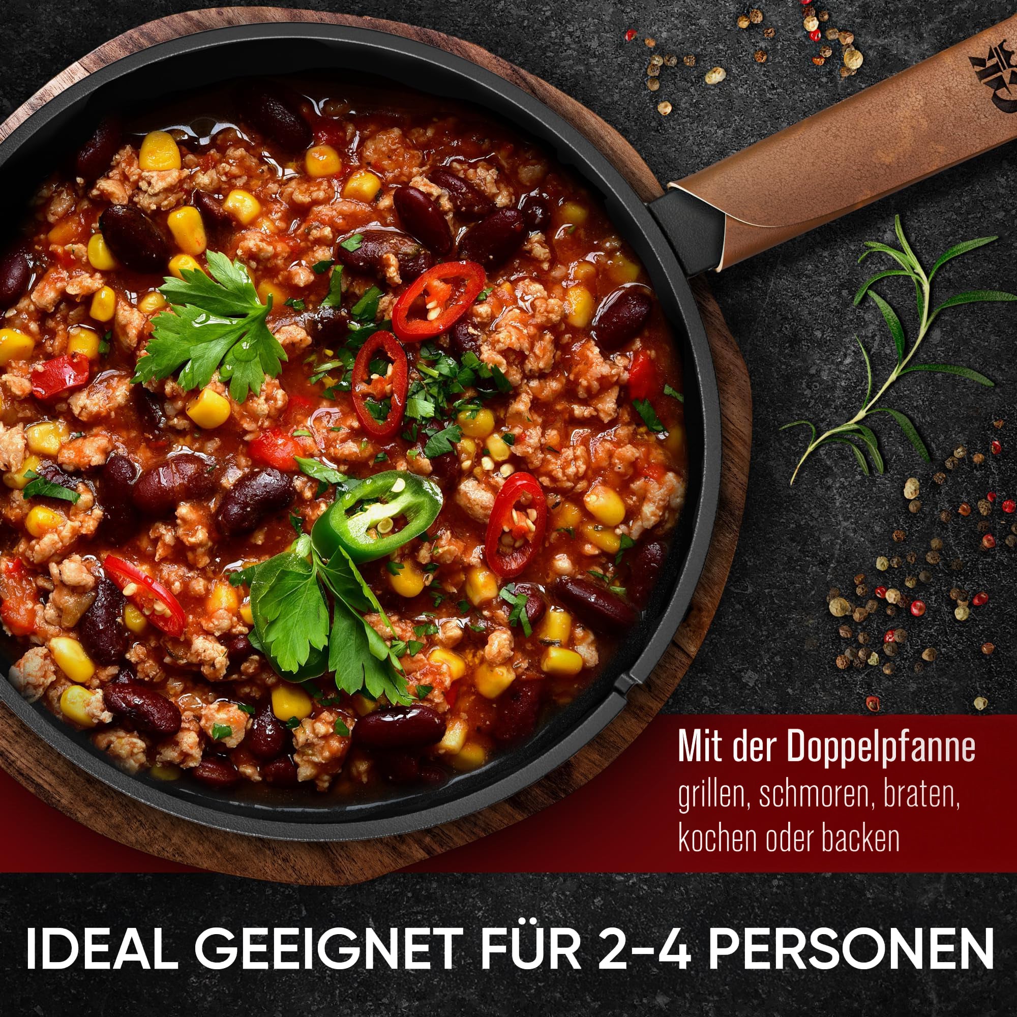 2in1 Pfanne Set – Gusseisen Topf 3L & Gusspfanne 1,5L – inkl. Ringreiniger + Pflegepaste + Echtleder-Griffe + Rezeptbuch + Gebrauchsanweisung – Schmortopf Doppelfunktion [für 2 - 4 Personen]