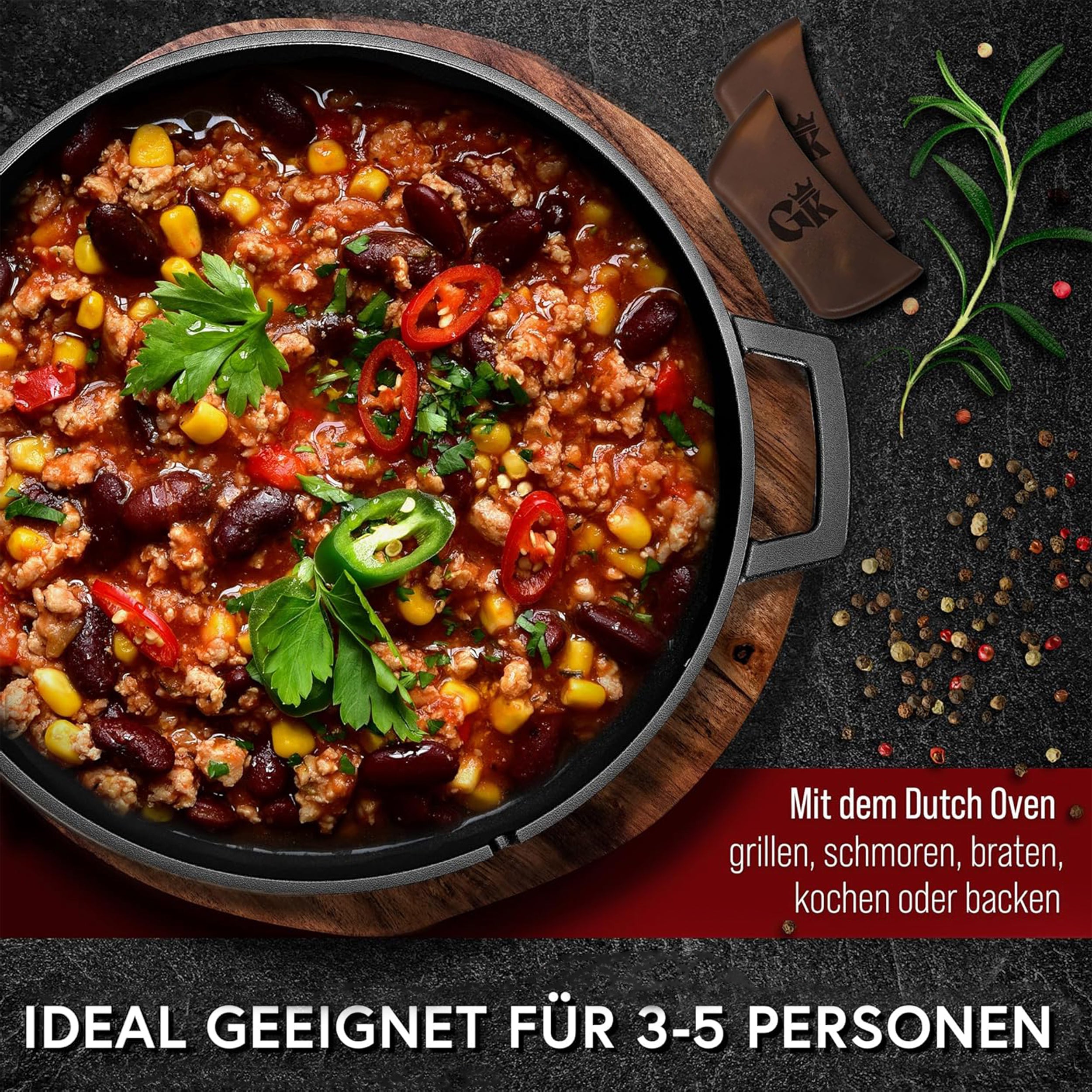 2in1 Dutch Oven Set – Gusseisen Topf 4,8L & Gusspfanne 1,8L – inkl. Ringreiniger + Pflegepaste + Untersetzer + Echtleder-Griffe + Gebrauchsanweisung – Schmortopf Doppelfunktion [für 3-6 Personen]