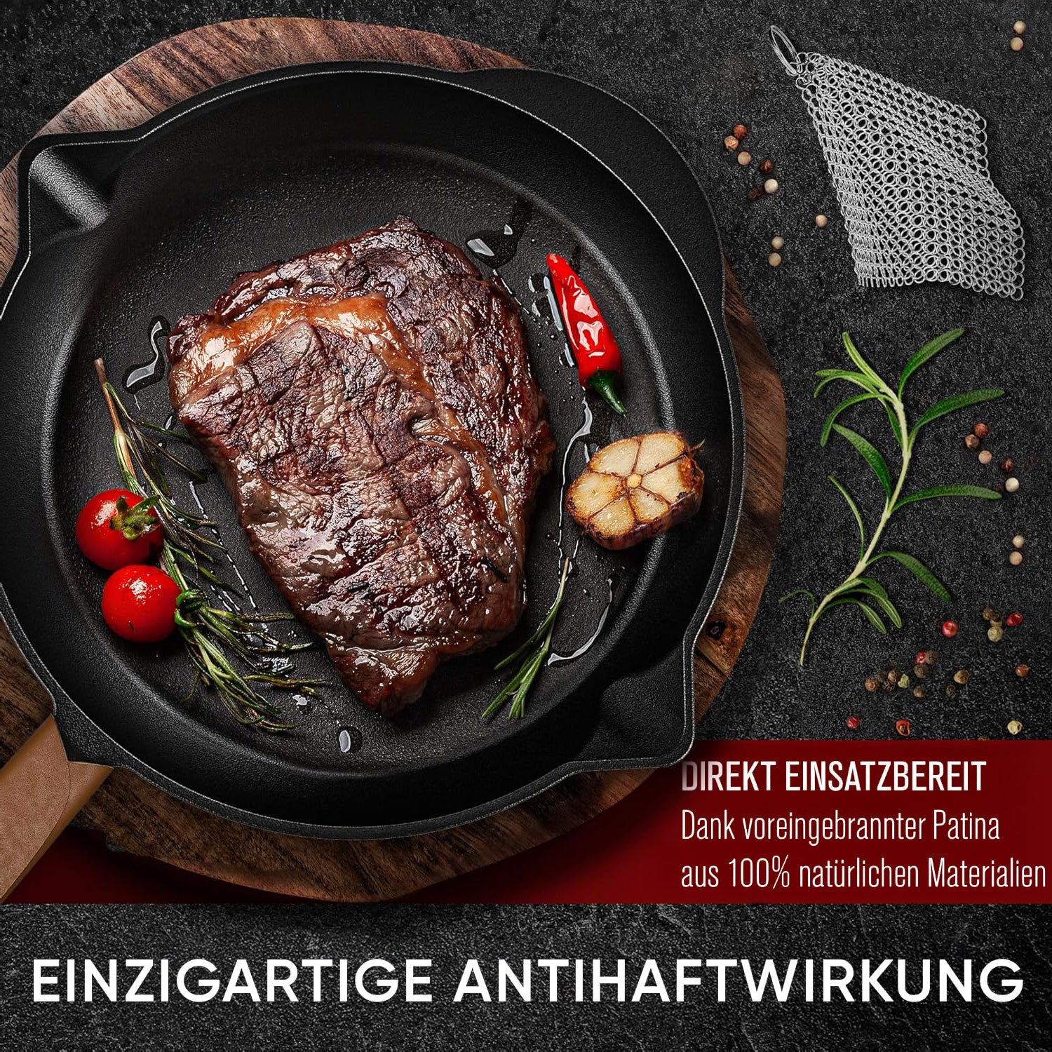 Eingebrannte Gusseisenpfanne 30cm – inkl. Ringreinige + Pflegepaste + Griffschutz aus echtem Leder + Rezeptbuch + Gebrauchsanweisung