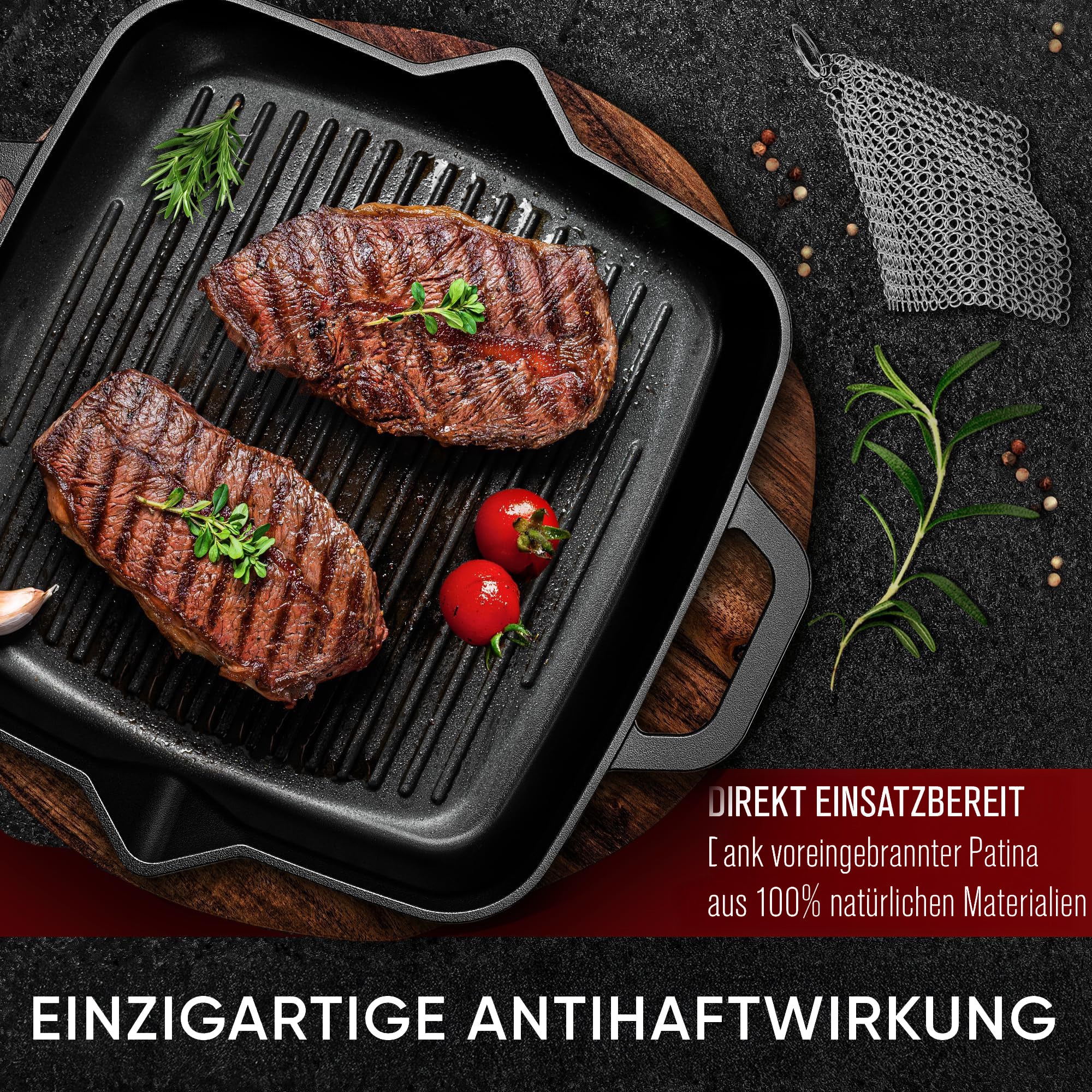 Eingebrannte Grillpfanne 30cm – inkl. Pflegepaste + Ringreiniger + Rezeptbuch + Gebrauchsanweisung