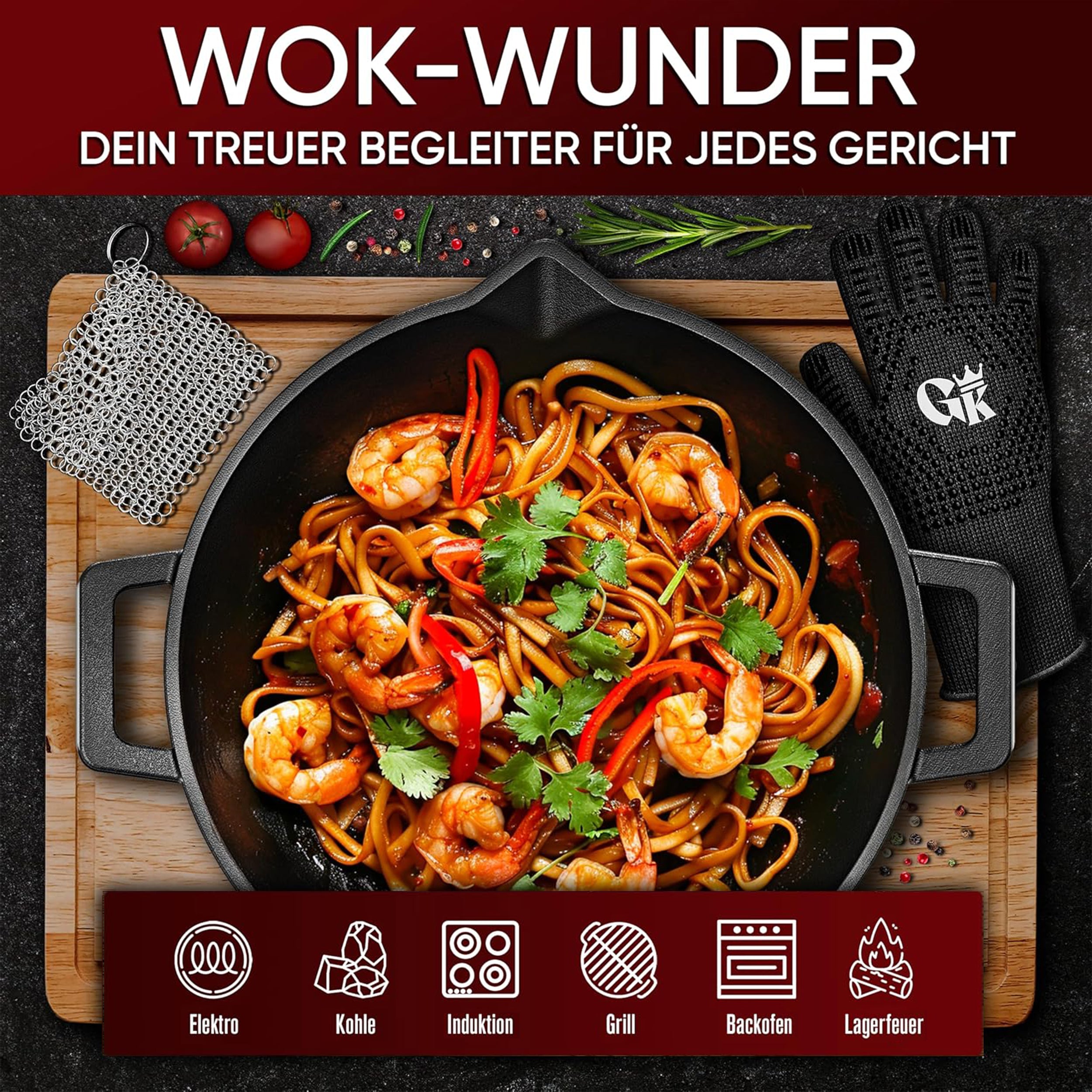 Eingebrannte Wok Pfanne 36cm –  inkl. Pflegepaste + Ringreiniger + Grillhandschuhe + Rezeptbuch + Gebrauchsanweisung