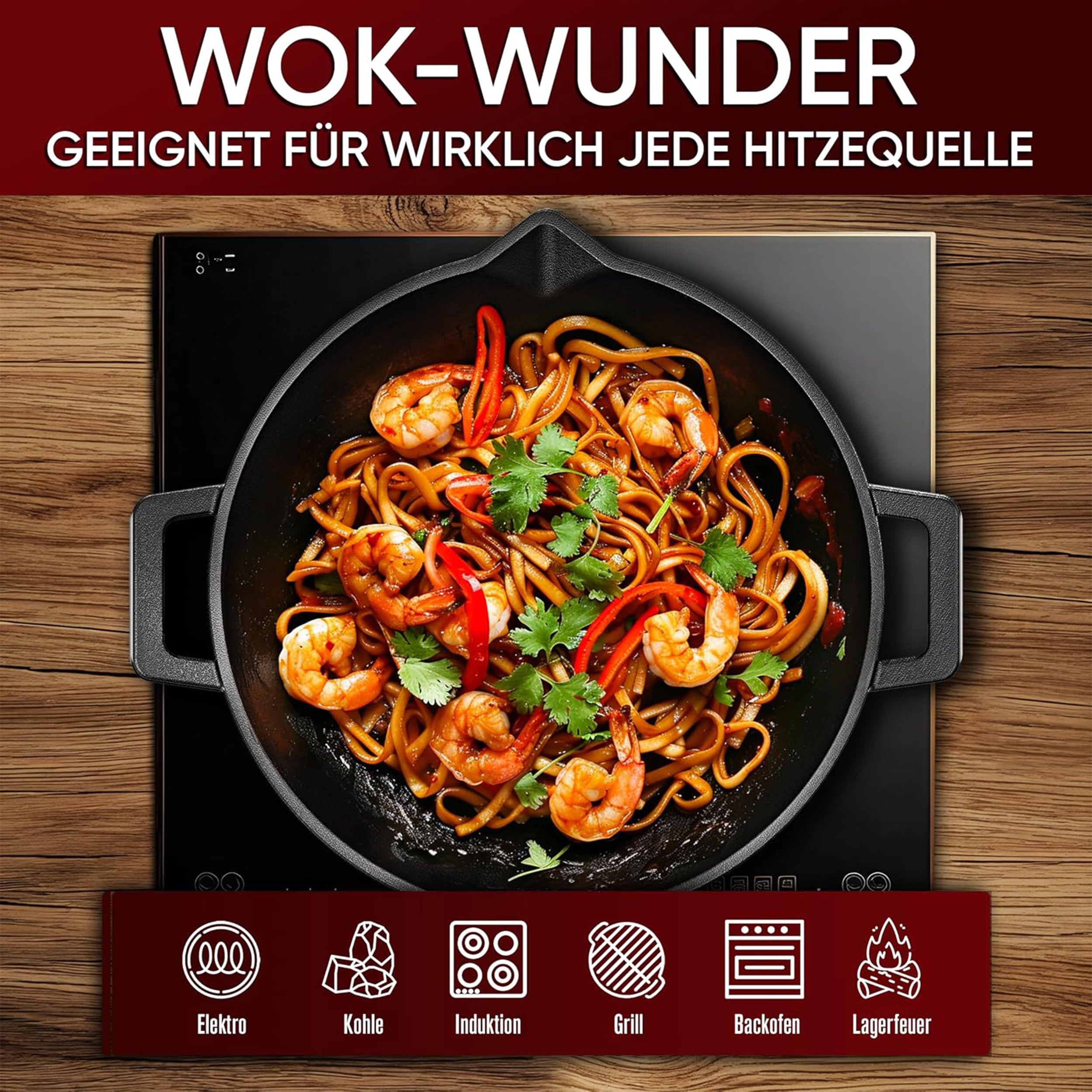 Eingebrannte Wok Pfanne 36cm –  inkl. Pflegepaste + Ringreiniger + Grillhandschuhe + Rezeptbuch + Gebrauchsanweisung