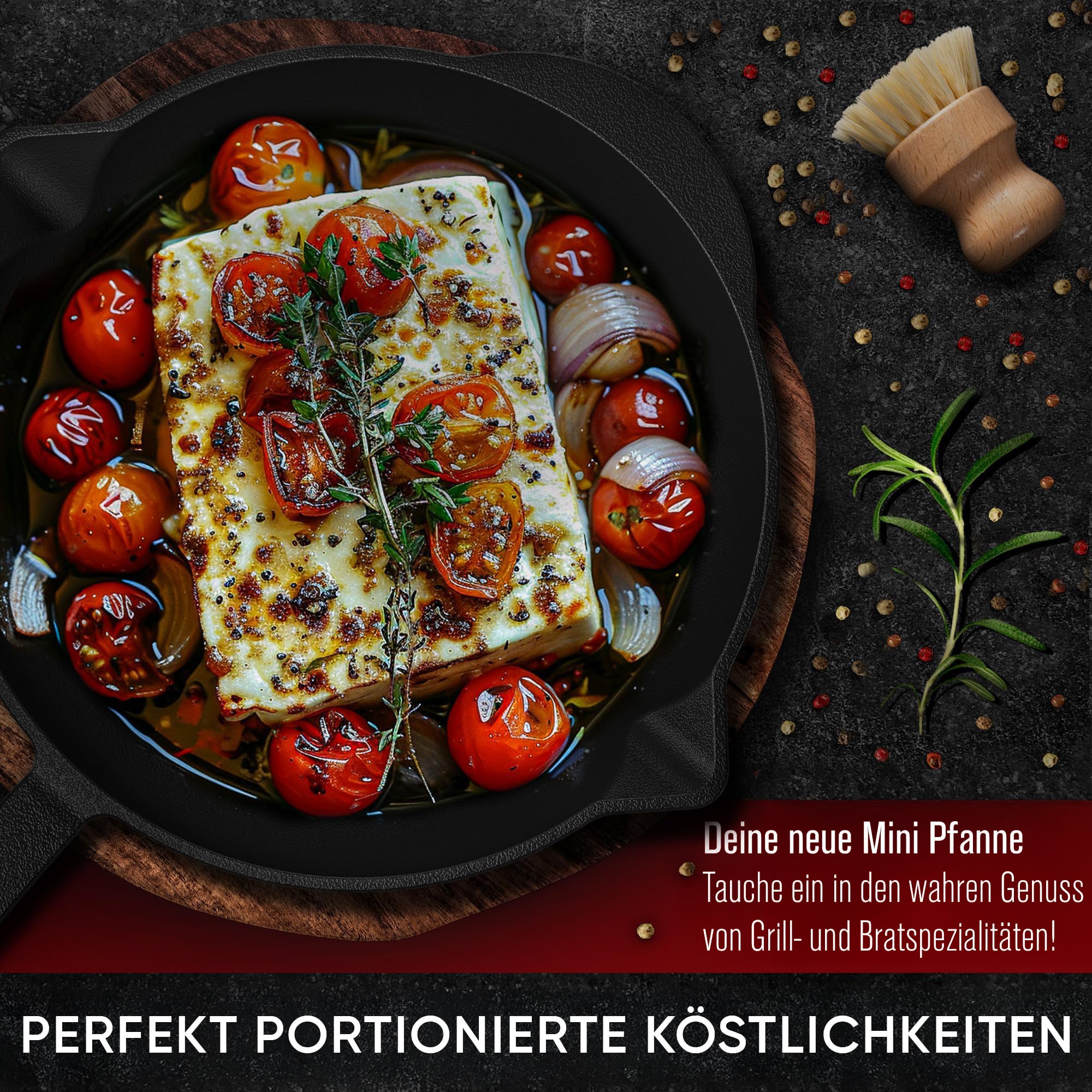 Eingebrannte Mini Gusseisen-Bratpfanne 6x Ø 13,7cm– inkl. Pflegepaste + Rezeptbuch + Gebrauchsanweisung