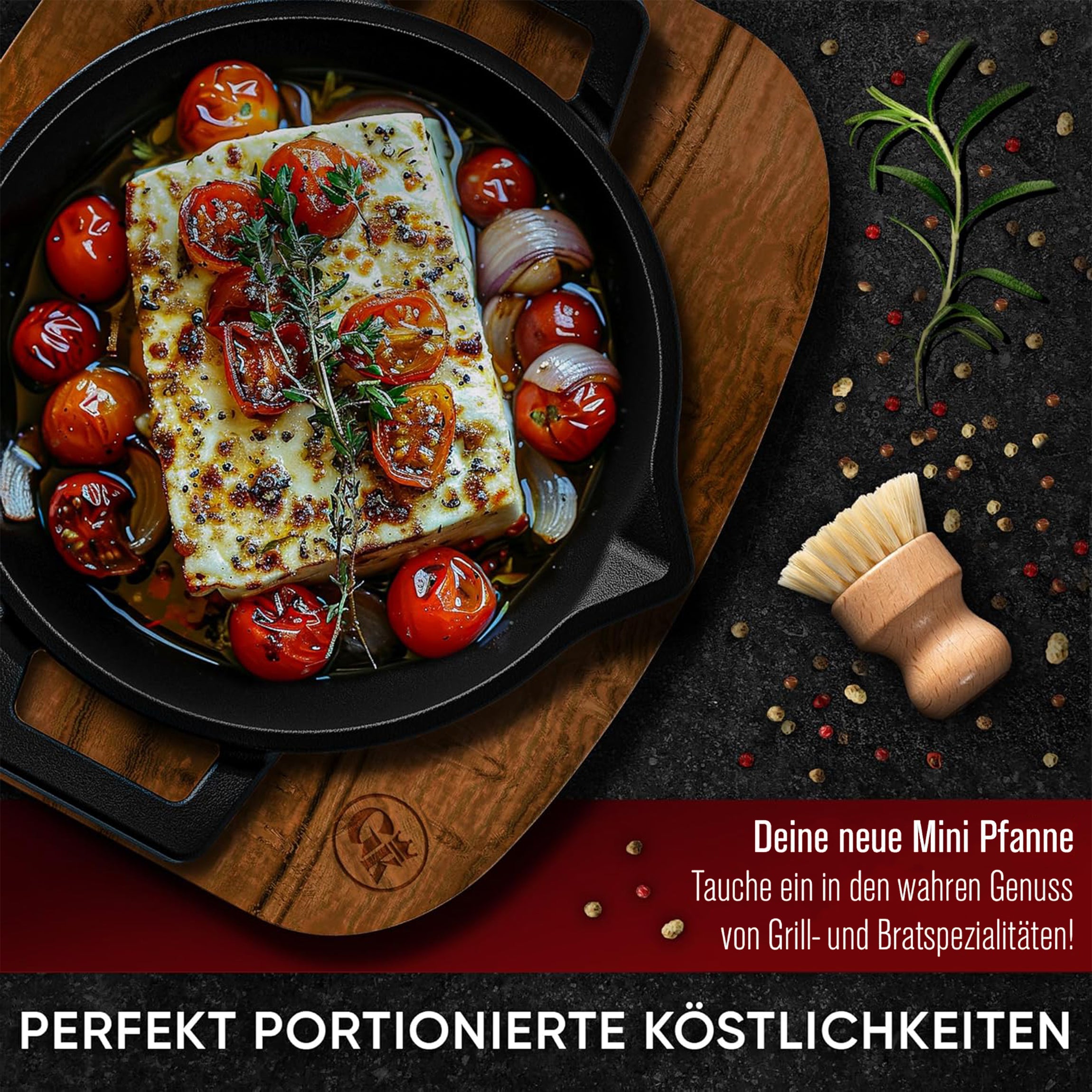 Eingebrannte runde Mini Gusseisen-pfanne mit Holz-Untersetzer 2x Ø 16.2cm- inkl. Pflegepaste + Rezeptbuch + Gebrauchsanweisung