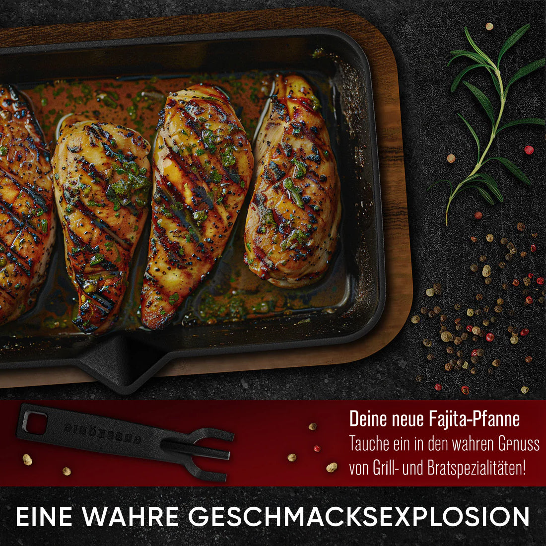 Eingebrannte Fajita-Pfanne mit Servierbrett aus Akazienholz – inkl. abnehmbarer Griff + Pflegepaste + Rezeptbuch + Gebrauchsanweisung