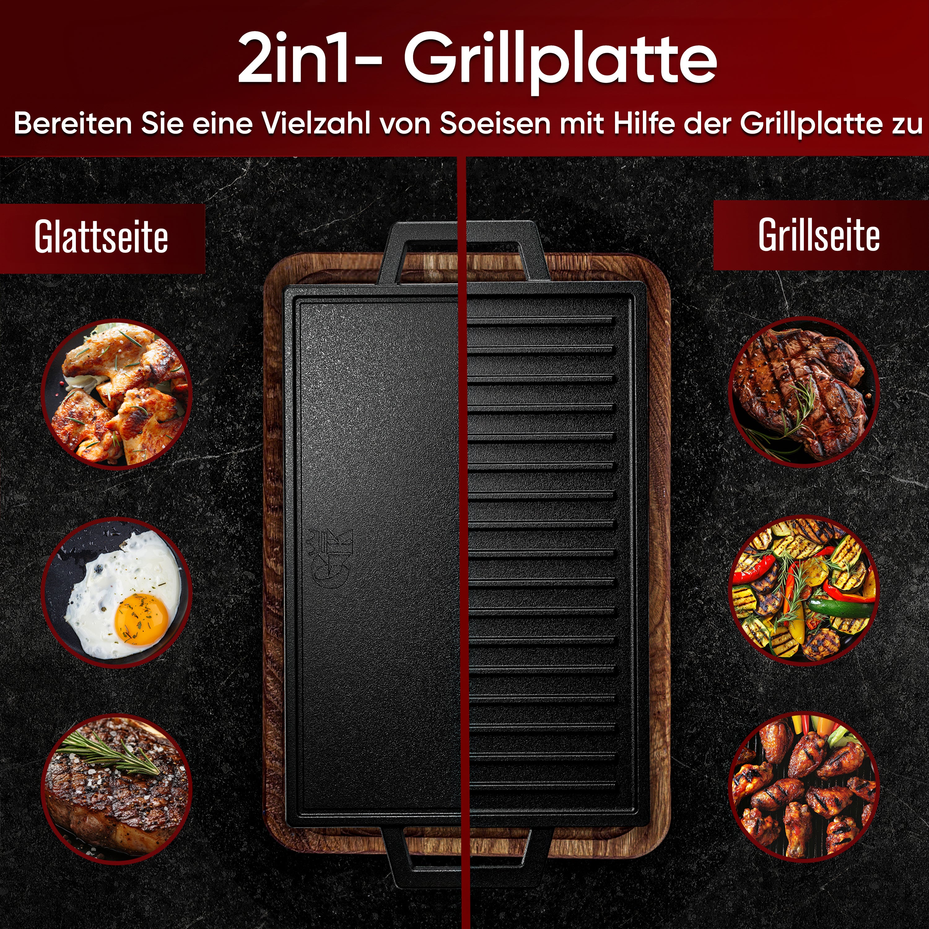 Eingebrannter Grillplatte mit Griffen, 33 cm – inkl. Pflegepaste + Rezeptbuch + Gebrauchsanweisung